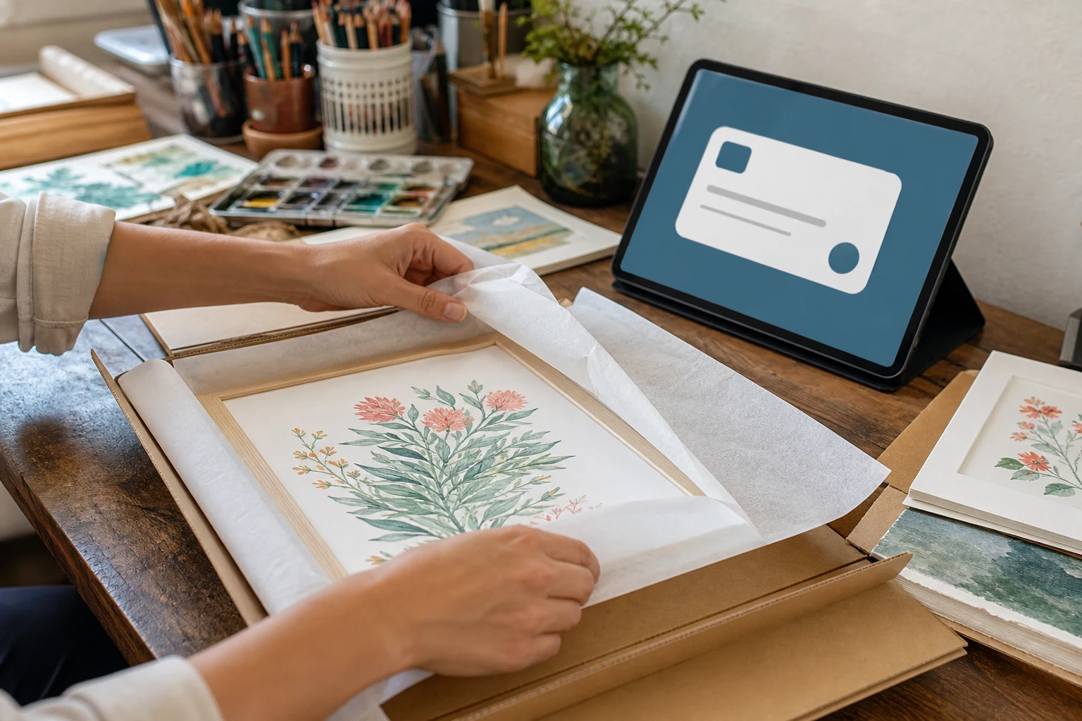 W-8BEN para vendedores de Amazon, Etsy y eBay — manos envolviendo una lámina ilustrada para el envío sobre una mesa de taller, una tablet al lado muestra una notificación de nuevo pedido