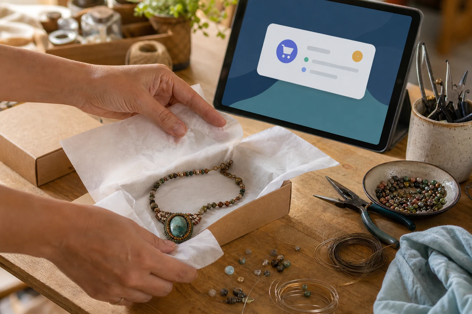 W-8BEN pour les vendeurs Amazon, Etsy et eBay — des mains emballant un bijou fait main pour l'expédition sur une table d'atelier, une tablette à côté affichant une notification de nouvelle commande