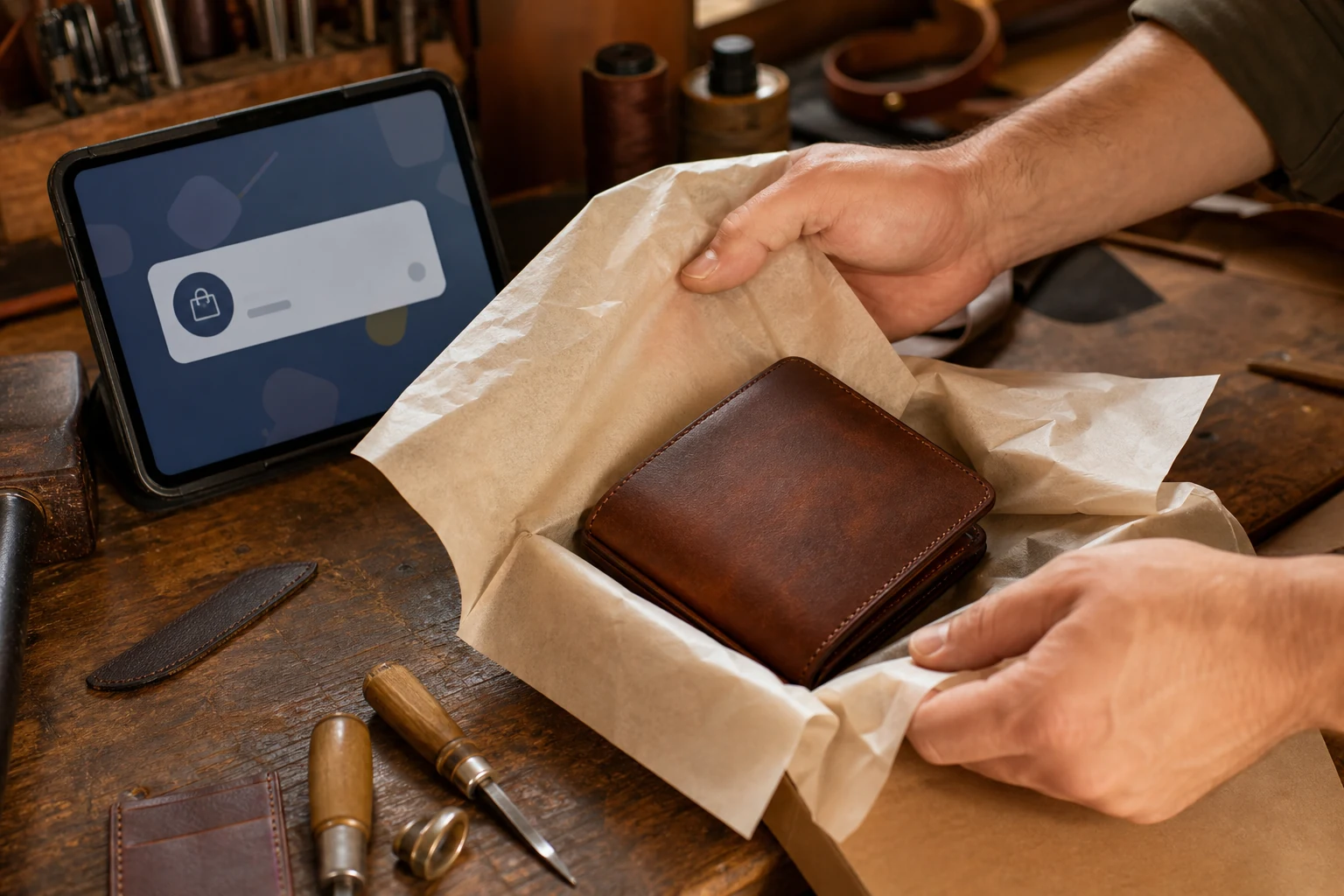 W-8BEN per venditori Amazon, Etsy ed eBay — mani che avvolgono un articolo in pelle fatto a mano per la spedizione su un tavolo da laboratorio, accanto un tablet mostra una notifica di nuovo ordine