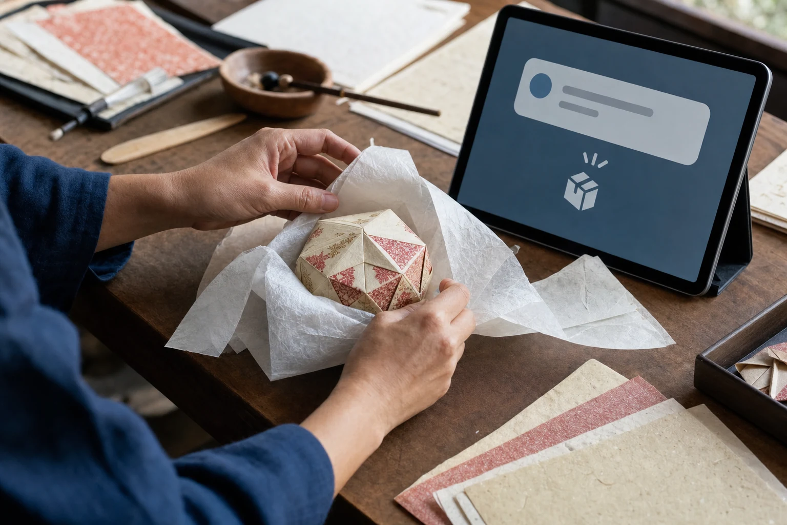 Amazon、Etsy、eBay販売者向けW-8BEN — 工房のテーブルで和紙工芸品を発送用に梱包する手元、隣のタブレットに新規注文の通知が表示されている
