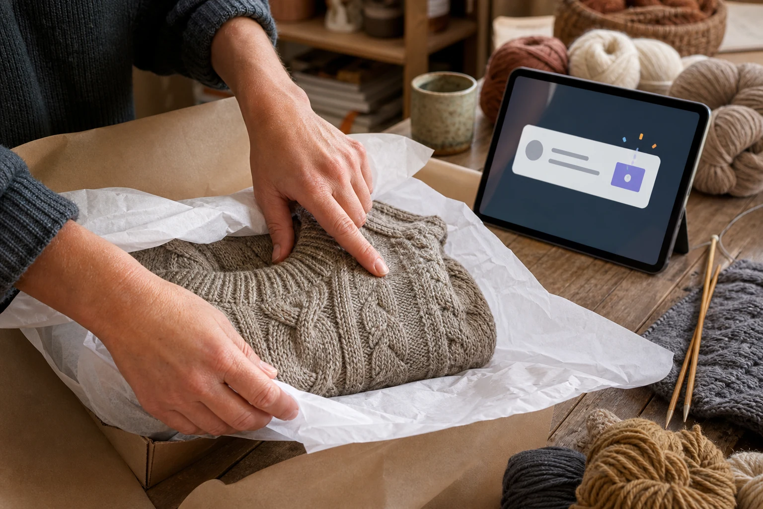 W-8BEN dla sprzedawców Amazon, Etsy i eBay — dłonie pakujące ręcznie robiony sweter do wysyłki na stole w pracowni, obok tablet z powiadomieniem o nowym zamówieniu