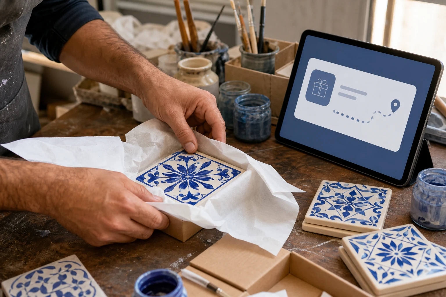 W-8BEN para vendedores da Amazon, Etsy e eBay — mãos a embalar uma base de azulejo feita à mão para envio numa mesa de ateliê, ao lado um tablet mostra uma notificação de nova encomenda