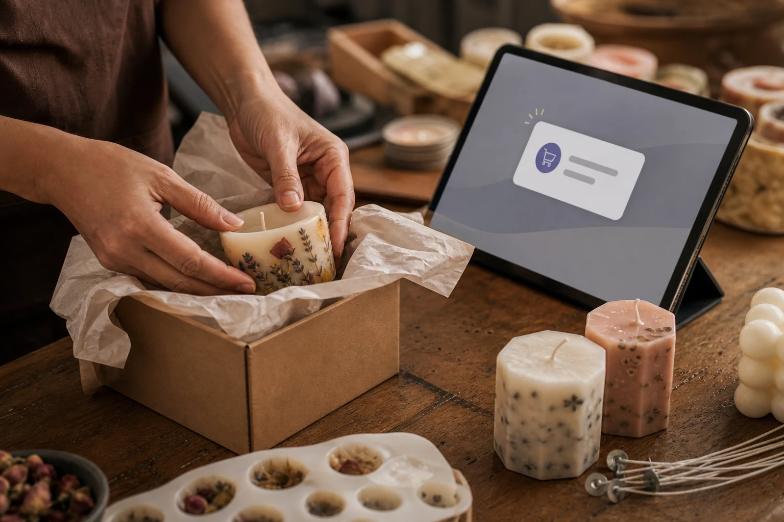 W-8BEN pentru vânzătorii Amazon, Etsy și eBay — mâini care ambalează o lumânare lucrată manual pentru expediere pe o masă de atelier, alături o tabletă afișează o notificare de comandă nouă