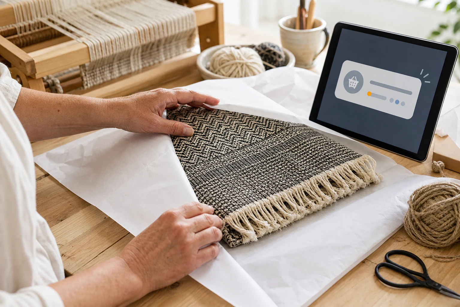 W-8BEN för Amazon-, Etsy- och eBay-säljare — händer som paketerar en handvävd textil för frakt på ett arbetsbord i verkstaden, en surfplatta bredvid visar en avisering om en ny beställning