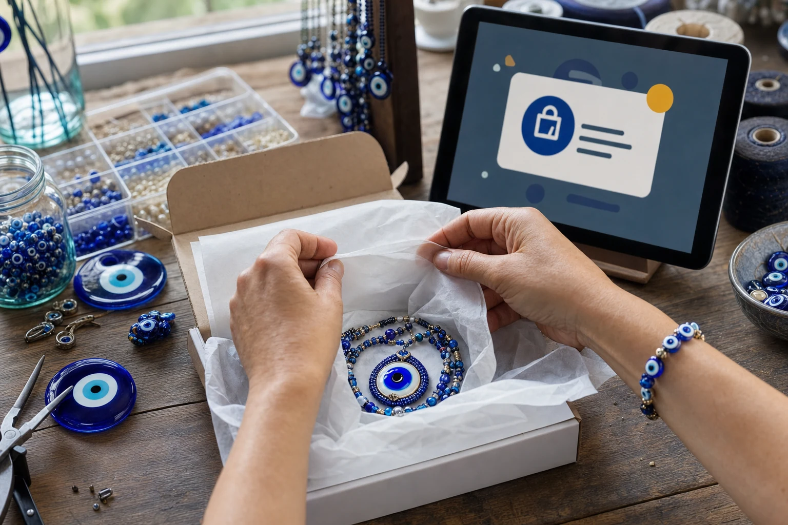 Amazon, Etsy ve eBay satıcıları için W-8BEN — el yapımı nazar boncuğu takısını kargo için paketleyen eller bir atölye masasında, yanında yeni sipariş bildirimi gösteren bir tablet