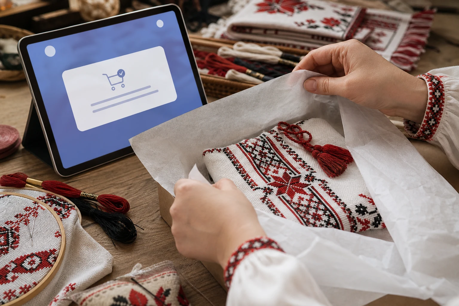 W-8BEN для продавців Amazon, Etsy і eBay — руки пакують вишитий вручну виріб для відправки на столі в майстерні, поруч планшет показує сповіщення про нове замовлення
