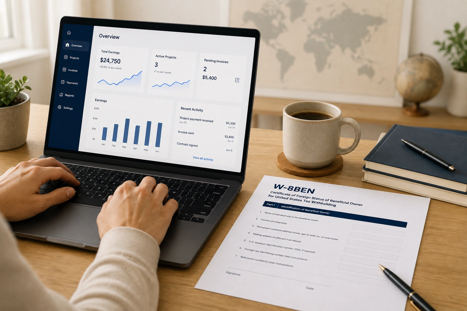 Contrattista remoto che compila il modulo IRS W-8BEN per l'onboarding fiscale Toptal, Deel o Remote.com