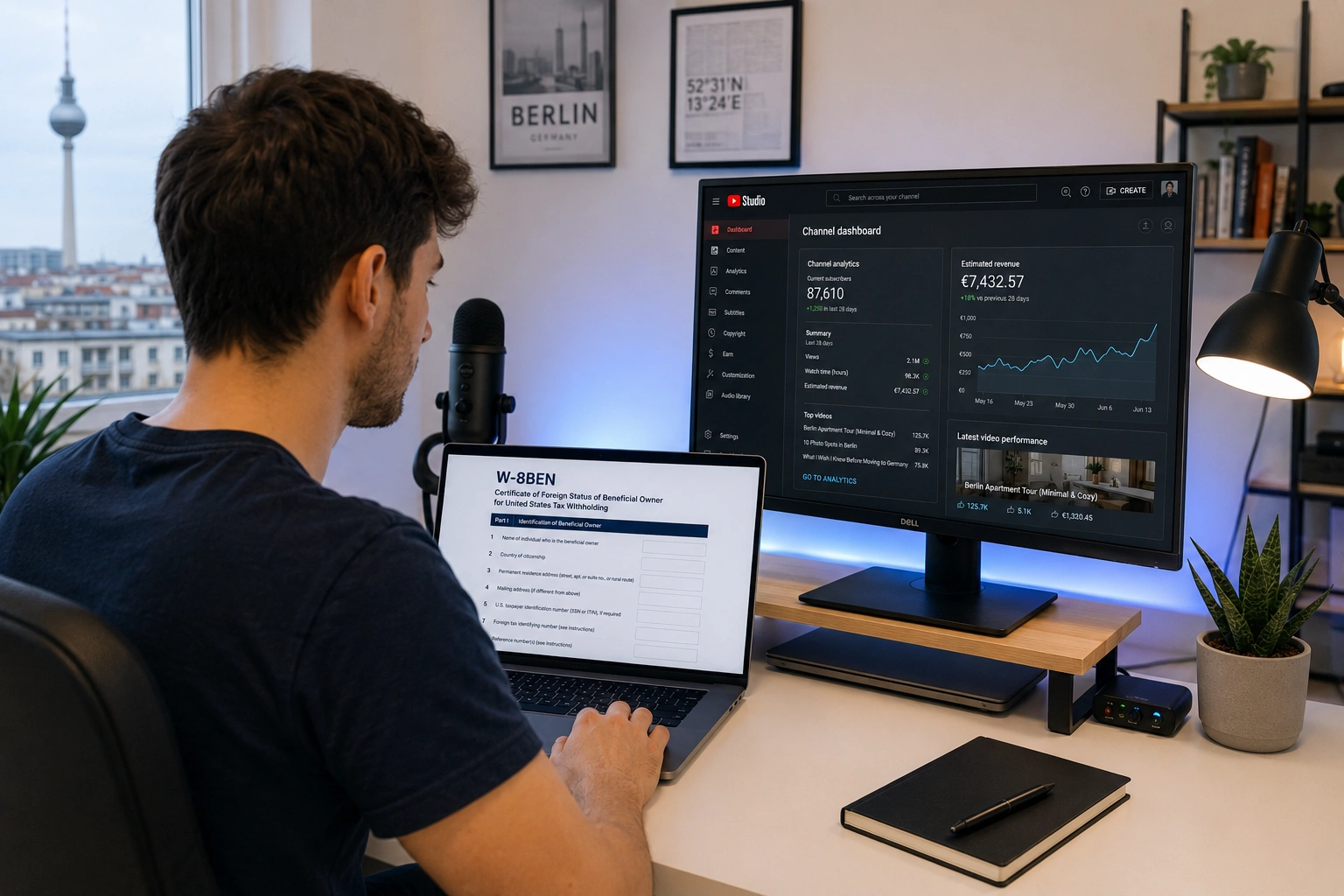 YouTube-Creator füllt IRS Form W-8BEN für das Steuer-Onboarding bei Google AdSense aus