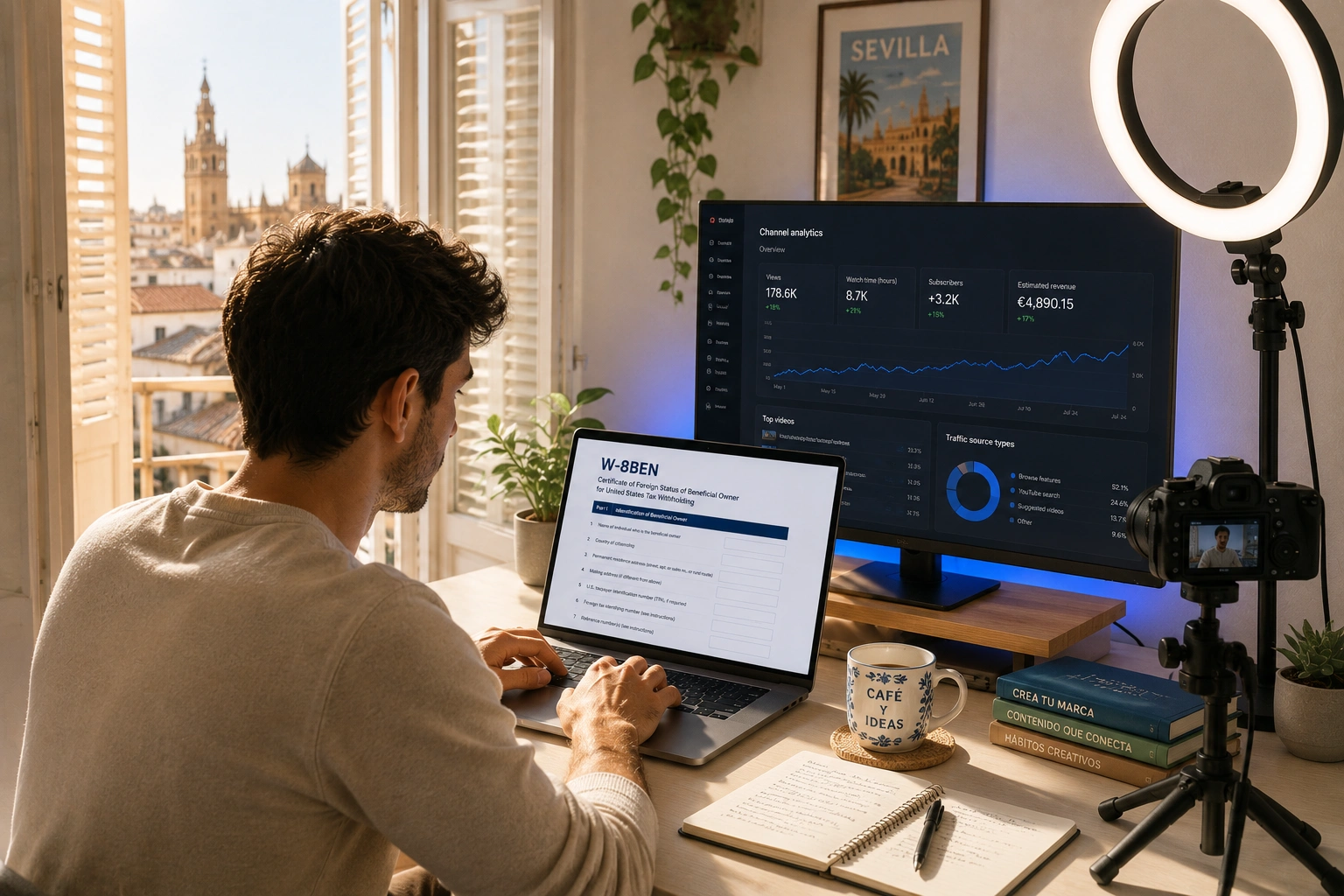 Creador de YouTube completando el Formulario IRS W-8BEN para el onboarding fiscal de Google AdSense