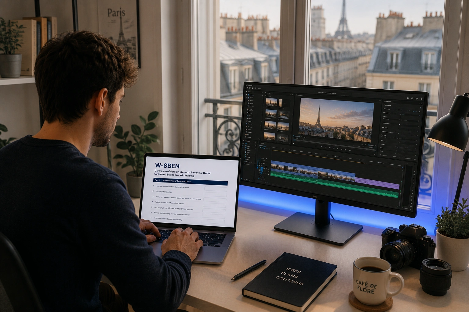 Créateur YouTube remplissant le formulaire IRS W-8BEN pour l’onboarding fiscal Google AdSense