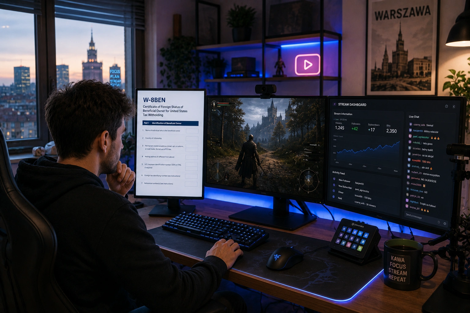 Twórca YouTube wypełnia IRS Form W-8BEN podczas onboardingu podatkowego Google AdSense