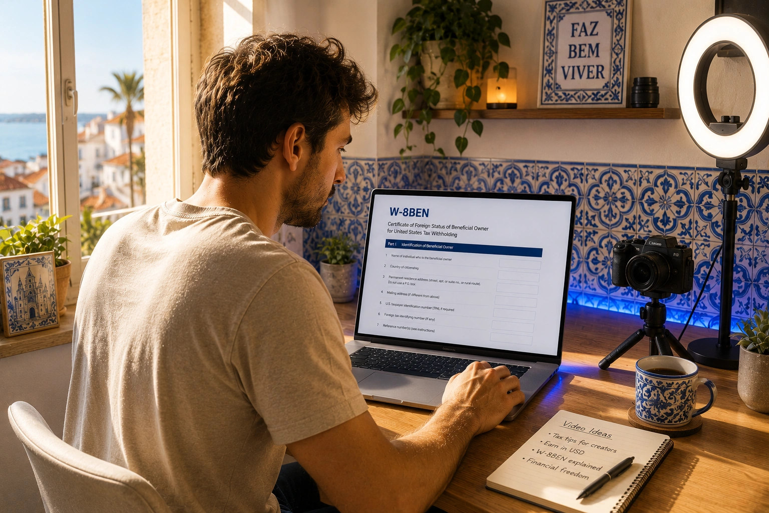 Criador YouTube a preencher IRS Form W-8BEN para onboarding fiscal do Google AdSense