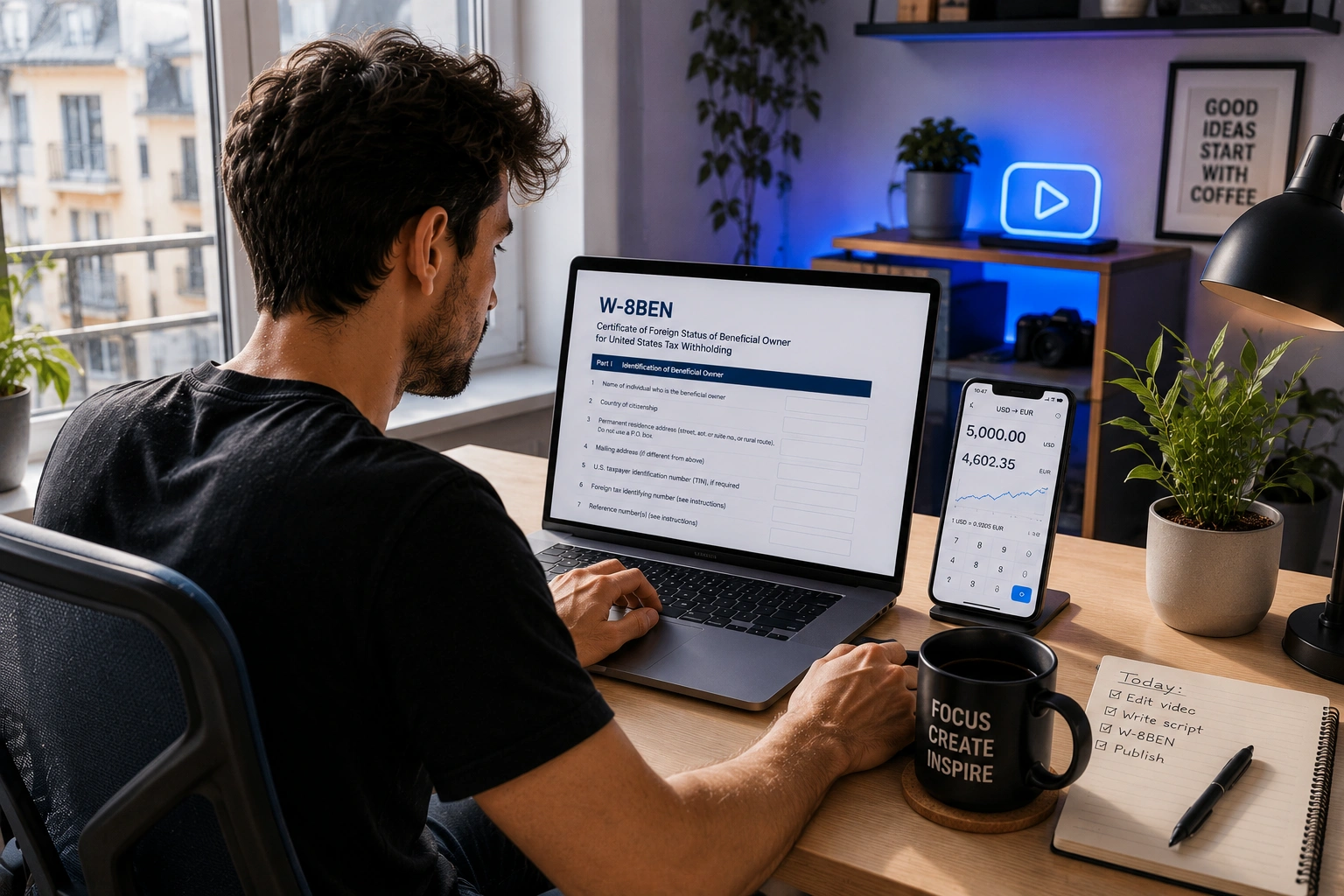 Creator YouTube care completează IRS Form W-8BEN pentru onboarding fiscal Google AdSense