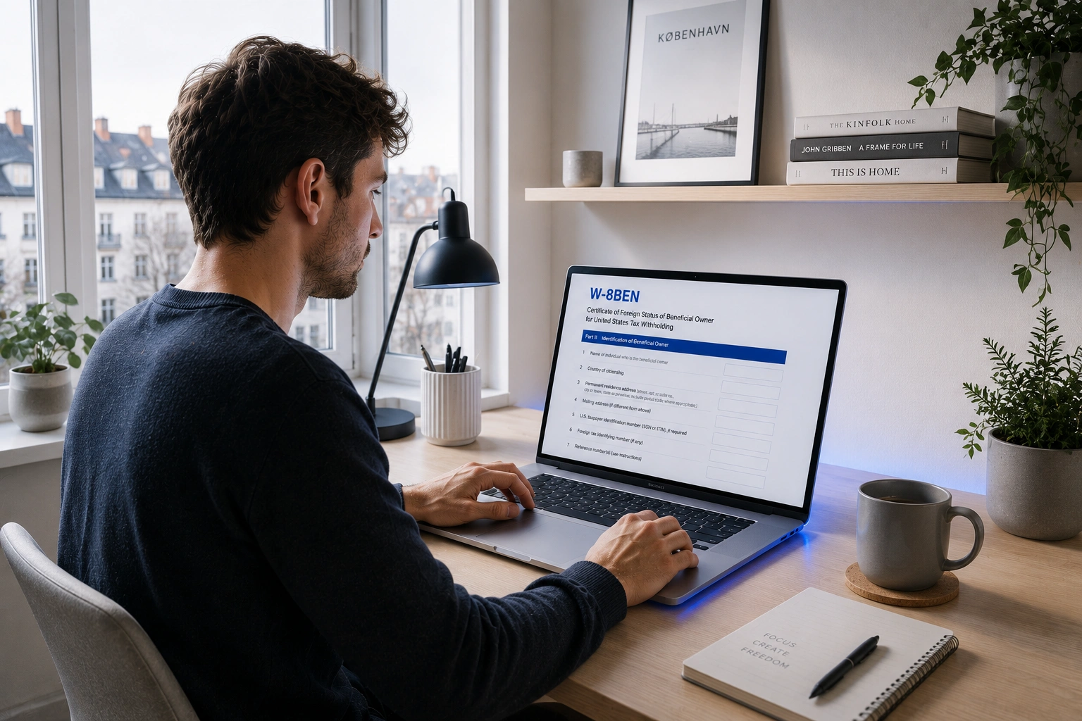 YouTube-kreatör som fyller i IRS Form W-8BEN för Google AdSense skatteonboarding