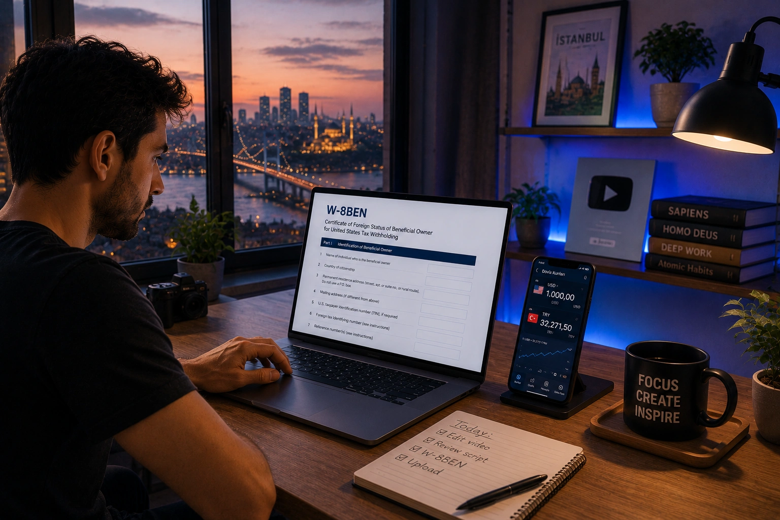 Google AdSense vergi onboarding'i için IRS Form W-8BEN dolduran YouTube içerik üreticisi