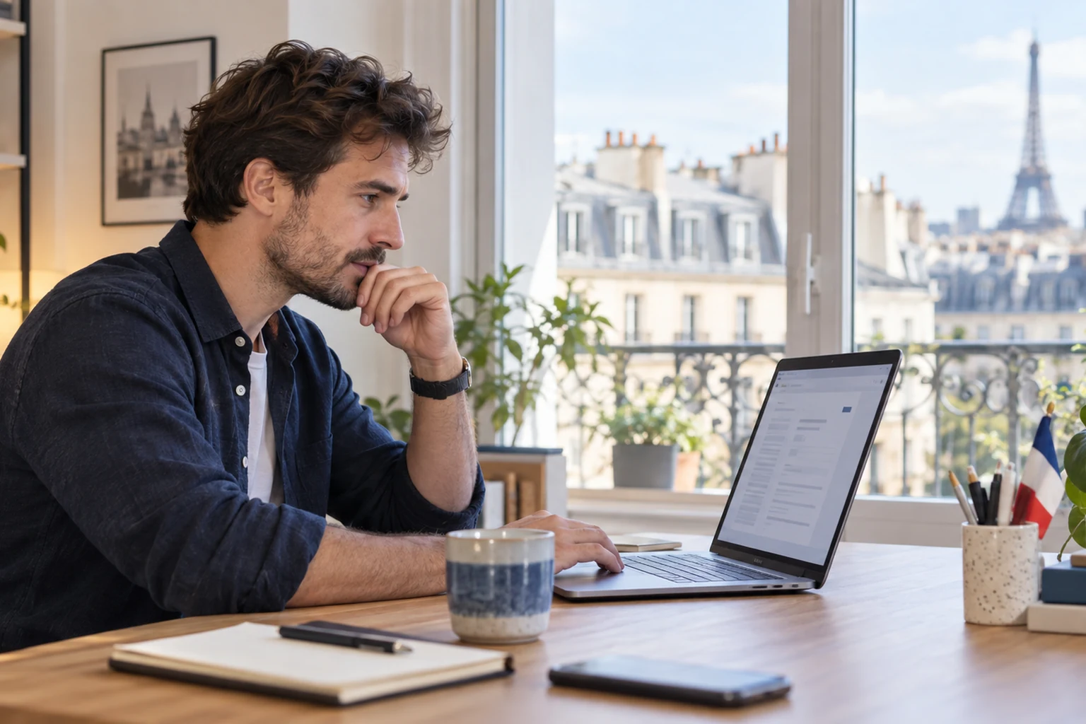 Auto-entrepreneur français vérifiant son formulaire W-8BEN sur ordinateur portable