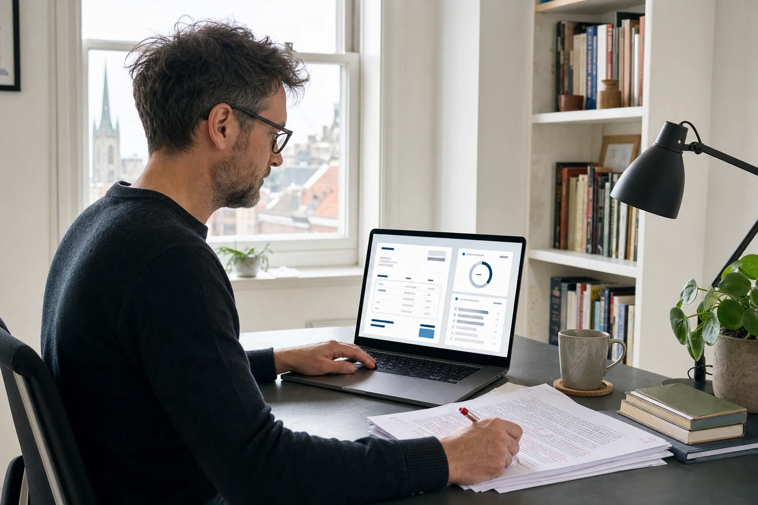 W-8BEN for freelancers — a home office in Norwich with a laptop showing an abstract invoice and time-tracker interface, a printed manuscript with editing marks on the desk beside it