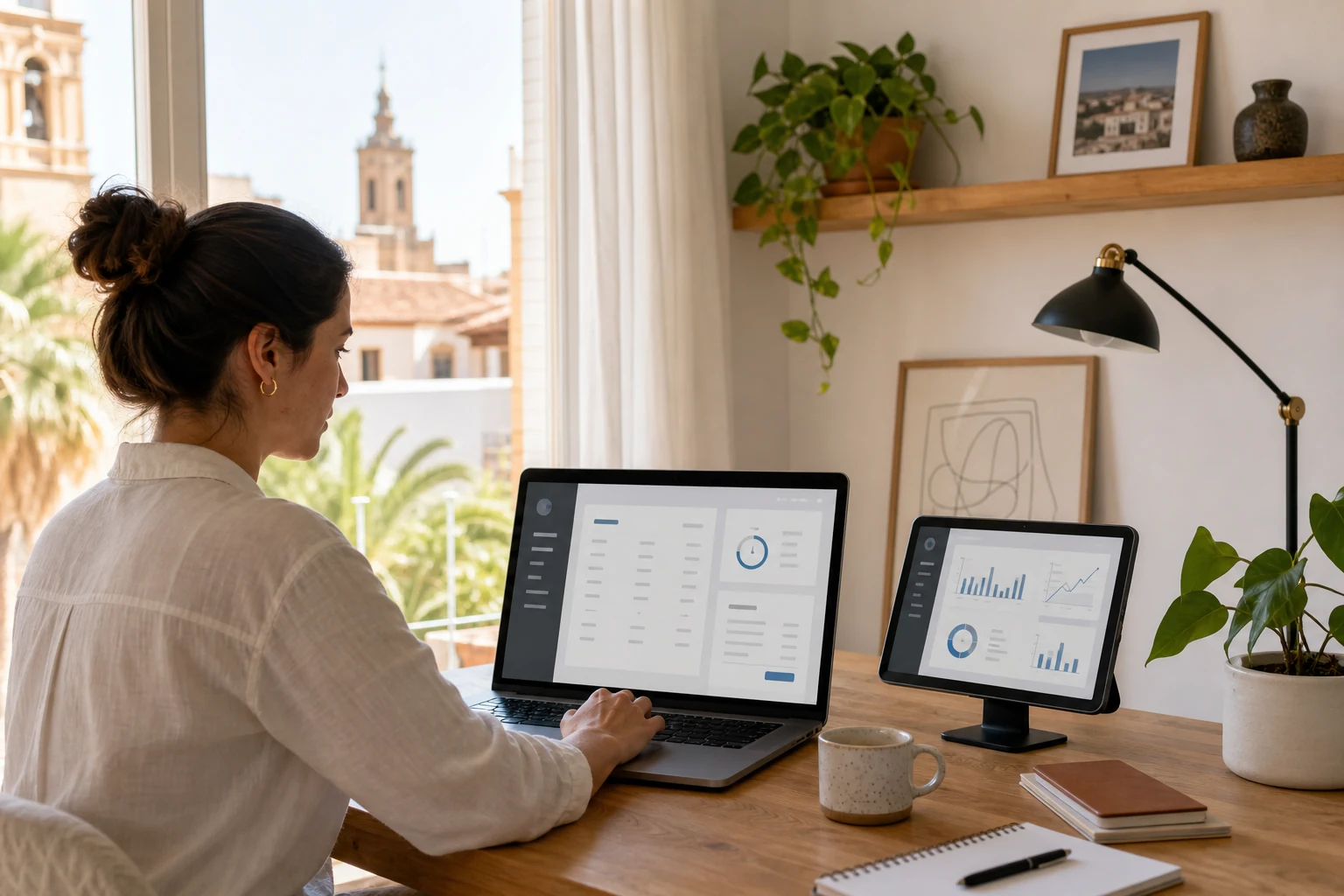 W-8BEN para autónomos — una oficina en casa en Murcia con un portátil mostrando una interfaz abstracta de factura y control de tiempo, un calendario editorial con notas sobre el escritorio al lado