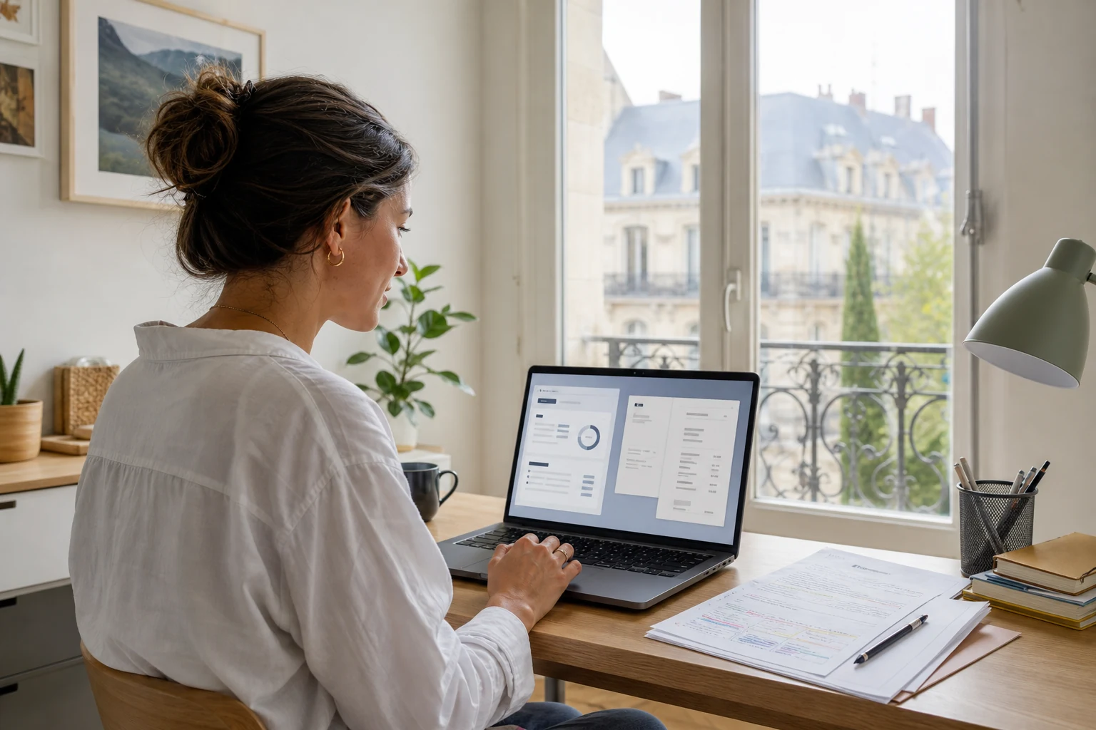 W-8BEN pour les freelances — un bureau à domicile à Montpellier avec un ordinateur portable affichant une interface abstraite de facture et de suivi du temps, un document avec des annotations de traduction posé sur le bureau à côté