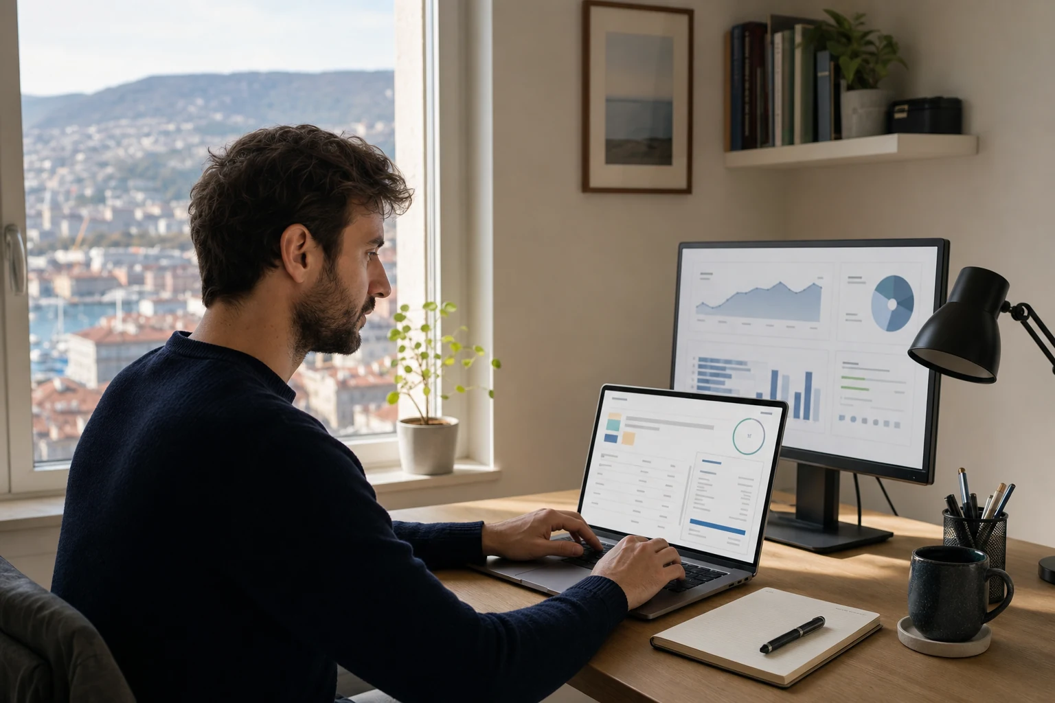 W-8BEN per freelance — un ufficio in casa a Trieste con un portatile che mostra un'interfaccia astratta di fattura e tracciamento del tempo, un grafico di analisi dati su un secondo monitor accanto