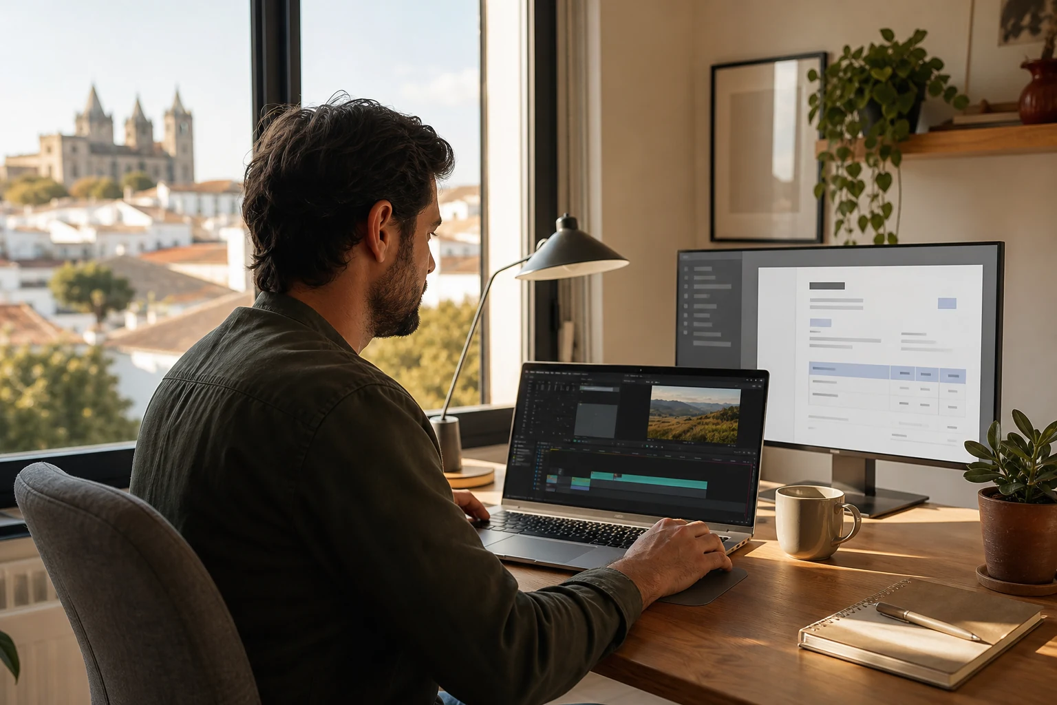 W-8BEN para freelancers — um escritório em casa em Évora com um portátil mostrando uma interface abstrata de fatura e registo de horas, uma linha do tempo de edição de vídeo visível num segundo monitor ao lado