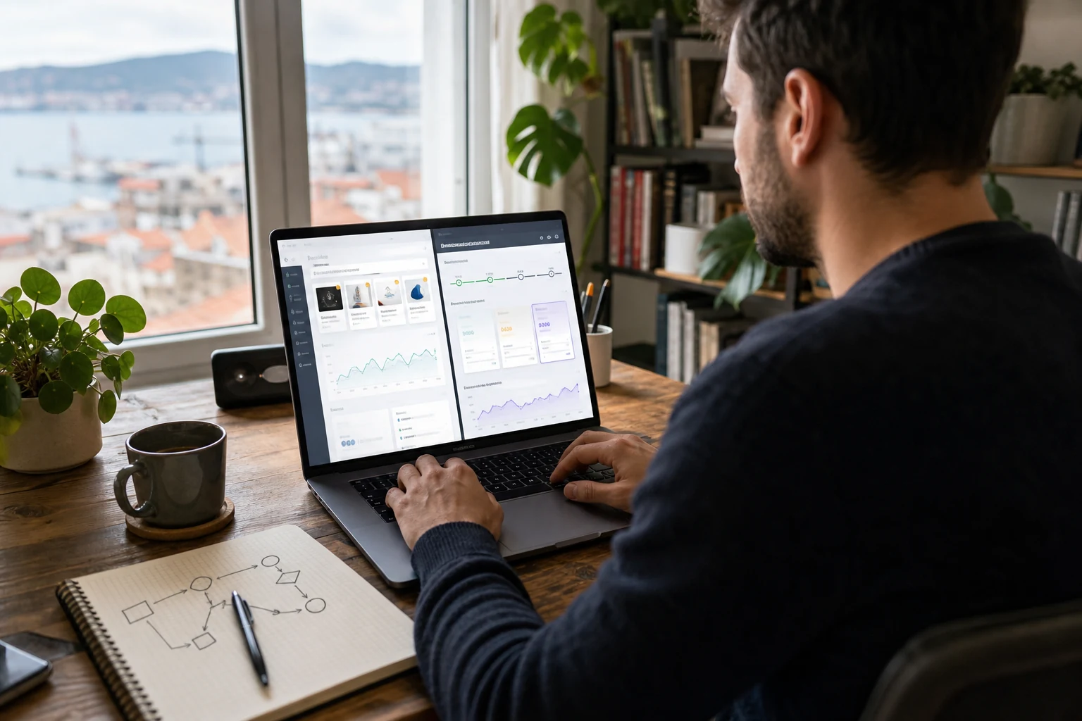 W-8BEN para vendedores de Gumroad y Lemon Squeezy — un desarrollador autónomo en Vigo frente a su portátil con dos pestañas del navegador abiertas una junto a otra, una mostrando un panel de Gumroad y otra un panel de Lemon Squeezy, a mitad de la migración de un pequeño producto SaaS