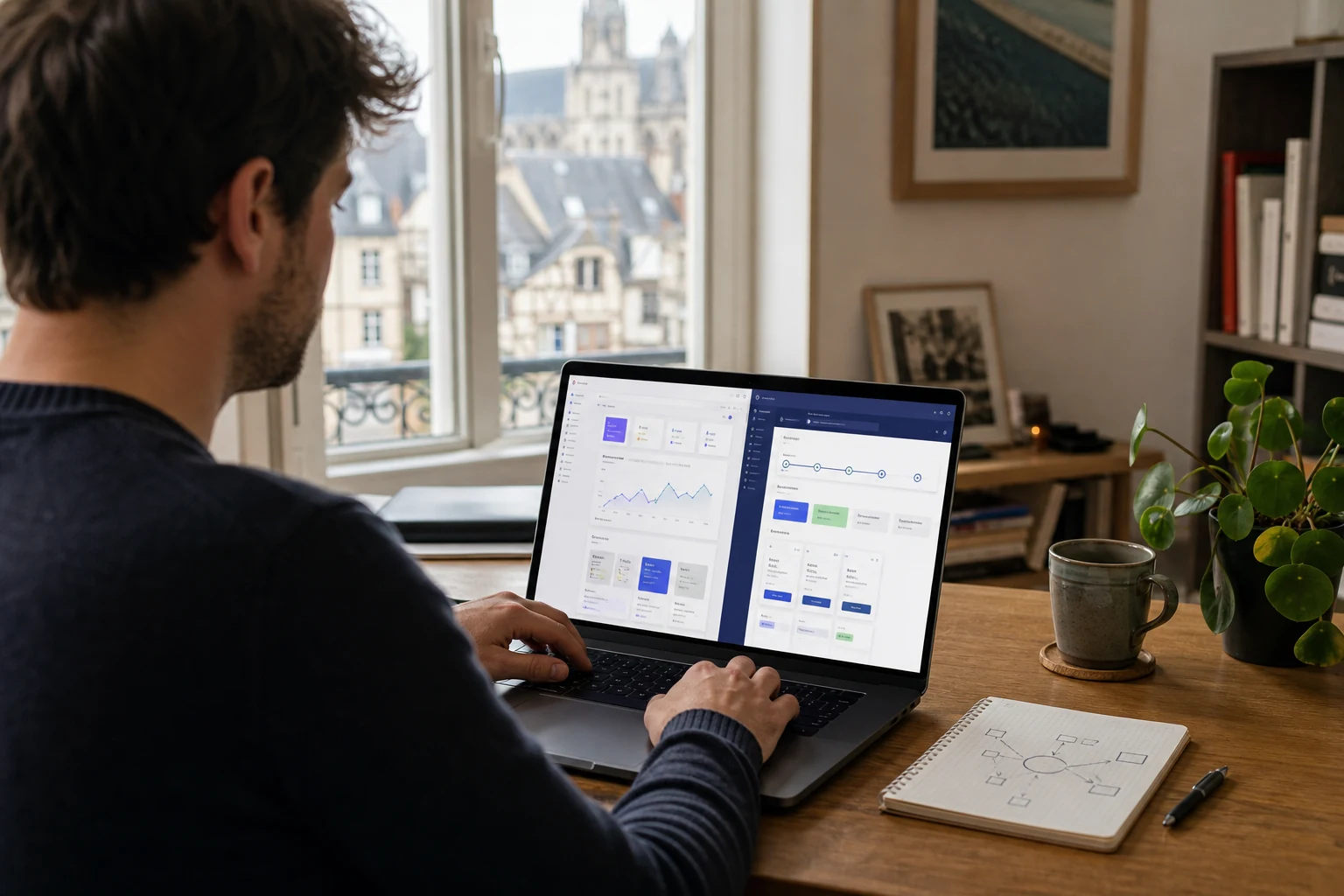 W-8BEN pour les vendeurs Gumroad et Lemon Squeezy — un développeur indépendant à Rouen devant son ordinateur portable avec deux onglets de navigateur ouverts côte à côte, l'un affichant un tableau de bord Gumroad et l'autre un tableau de bord Lemon Squeezy, en pleine migration d'un petit produit SaaS