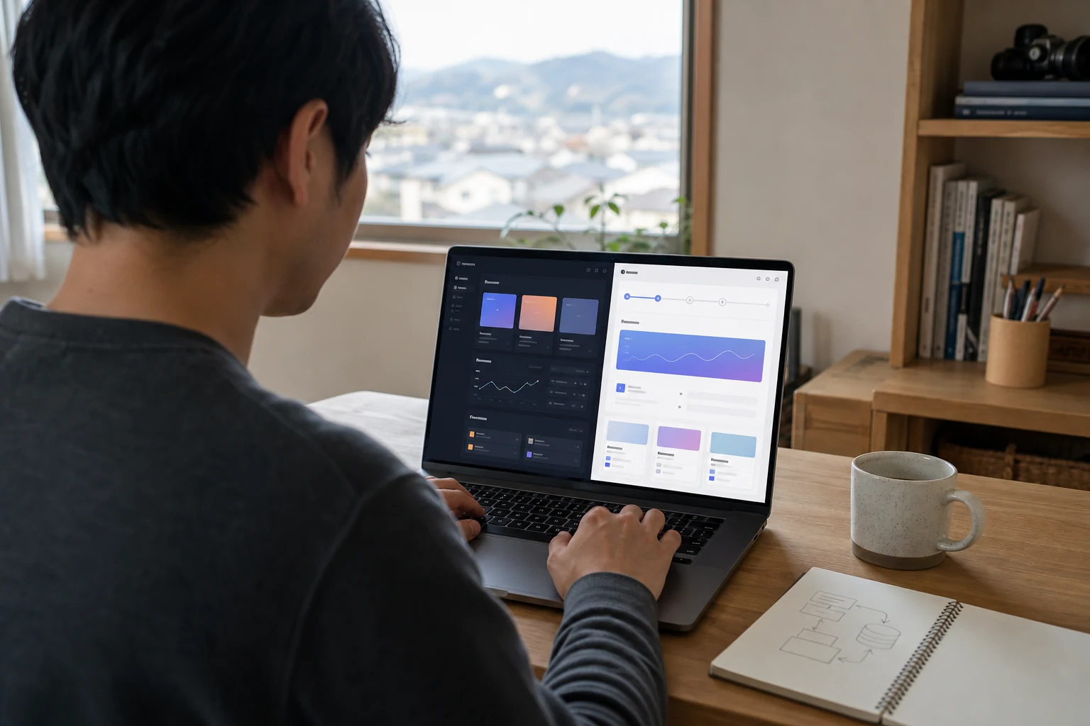 GumroadおよびLemon Squeezyの販売者向けW-8BEN — 秋田で個人開発を行う開発者がノートパソコンの前に座り、並べて開いた2つのブラウザタブ(一方はGumroadダッシュボード、もう一方はLemon Squeezyダッシュボード)を見ながら、小規模なSaaS製品を移行している様子