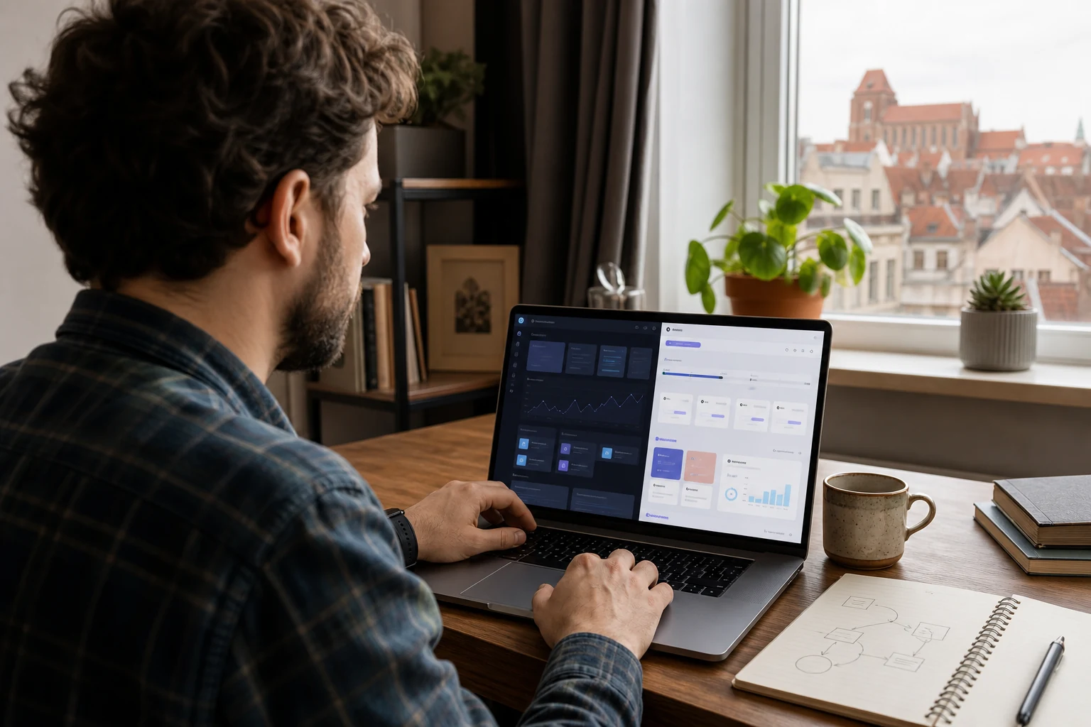 W-8BEN dla sprzedawców Gumroad i Lemon Squeezy — samodzielny programista w Toruniu przy laptopie z dwiema otwartymi obok siebie kartami przeglądarki, jedna pokazuje panel Gumroad, druga panel Lemon Squeezy, w trakcie migracji małego produktu SaaS