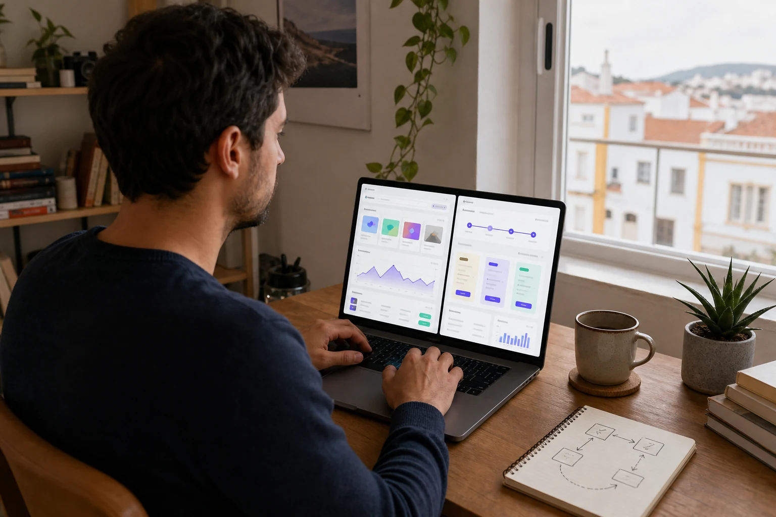 W-8BEN para vendedores da Gumroad e Lemon Squeezy — um programador independente em Beja ao computador portátil com dois separadores de navegador abertos lado a lado, um mostrando um painel da Gumroad e outro um painel da Lemon Squeezy, a meio da migração de um pequeno produto SaaS