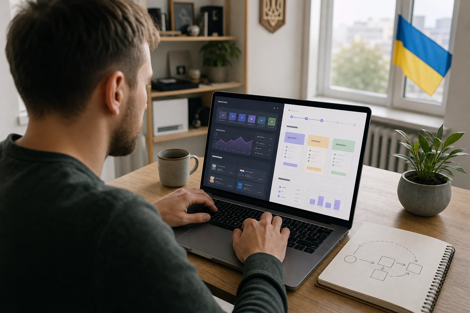W-8BEN для продавців Gumroad і Lemon Squeezy — незалежний розробник у Миколаєві за ноутбуком із двома відкритими поруч вкладками браузера, одна показує панель Gumroad, інша — панель Lemon Squeezy, у процесі перенесення невеликого SaaS-продукту