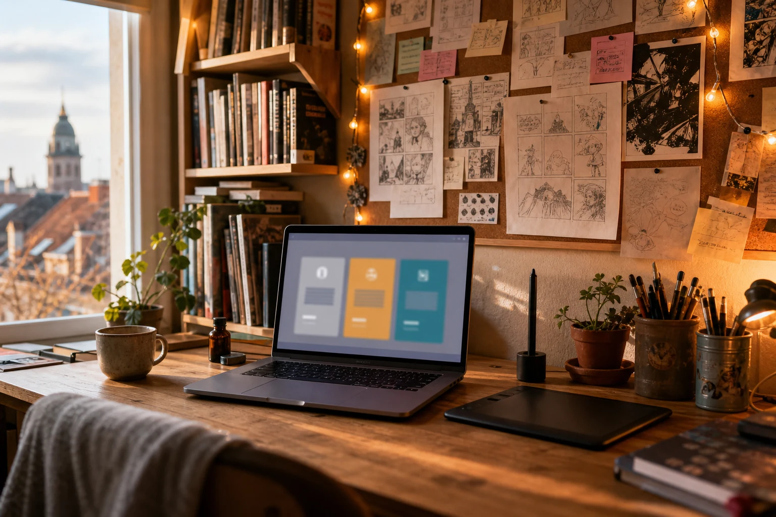 W-8BEN für Patreon-Creator — eine gemütliche Kreativecke in Karlsruhe mit einer Pinnwand voller Skizzen, einem Laptop mit einer abstrakten Mitgliedschaftsstufen-Oberfläche, warmer Lichterkette und einem Zeichentablet auf dem Schreibtisch