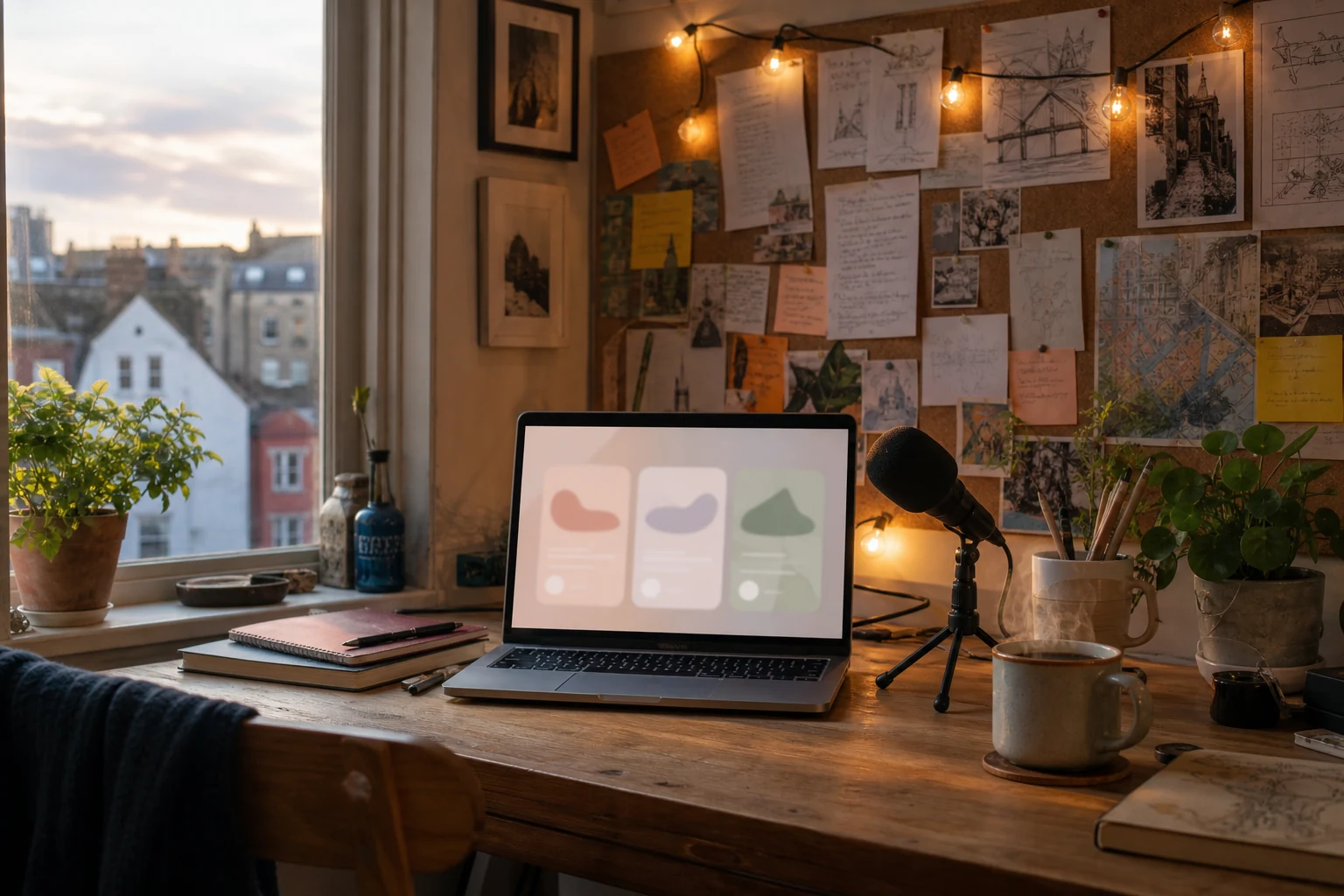 W-8BEN for Patreon creators — a cozy creative nook in Bristol with a corkboard of pinned notes, a laptop showing an abstract membership-tiers interface, warm string lights, and a podcast microphone on the desk