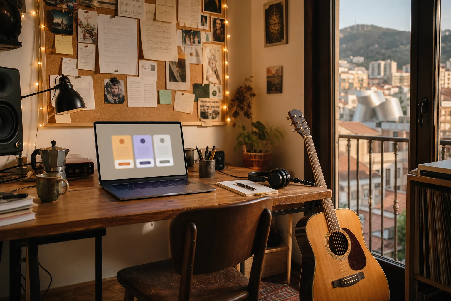 W-8BEN para creadores de Patreon — un rincón creativo acogedor en Bilbao con un corcho lleno de notas, un portátil que muestra una interfaz abstracta de niveles de membresía, luces cálidas de guirnalda y una guitarra apoyada junto al escritorio