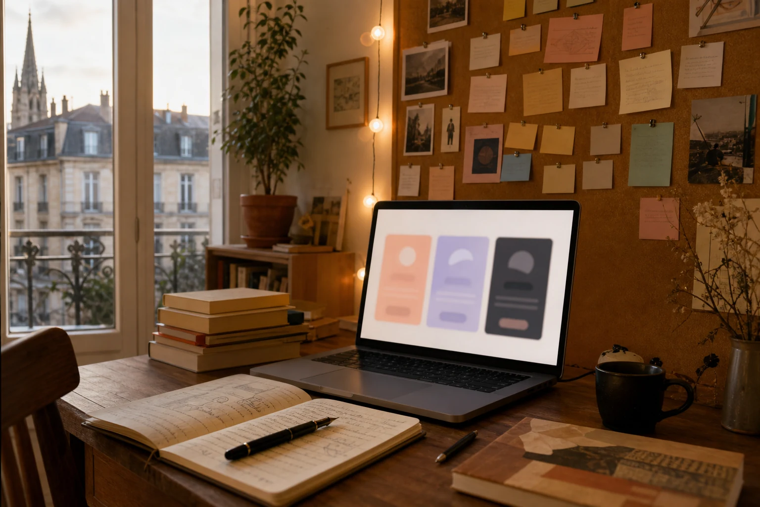 W-8BEN pour les créateurs Patreon — un coin créatif chaleureux à Bordeaux avec un tableau en liège couvert de notes, un ordinateur portable affichant une interface abstraite de paliers d'adhésion, une guirlande lumineuse et un carnet manuscrit sur le bureau