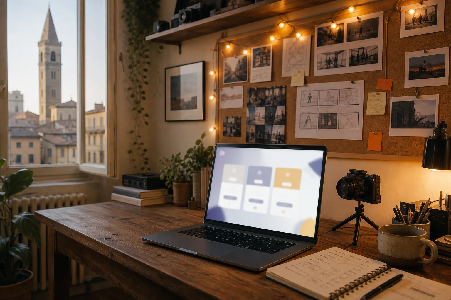 W-8BEN per i creator di Patreon — un angolo creativo a Parma con una bacheca di sughero piena di appunti, un laptop che mostra un'interfaccia astratta di livelli di abbonamento, luci calde a filo e una videocamera su treppiede accanto alla scrivania
