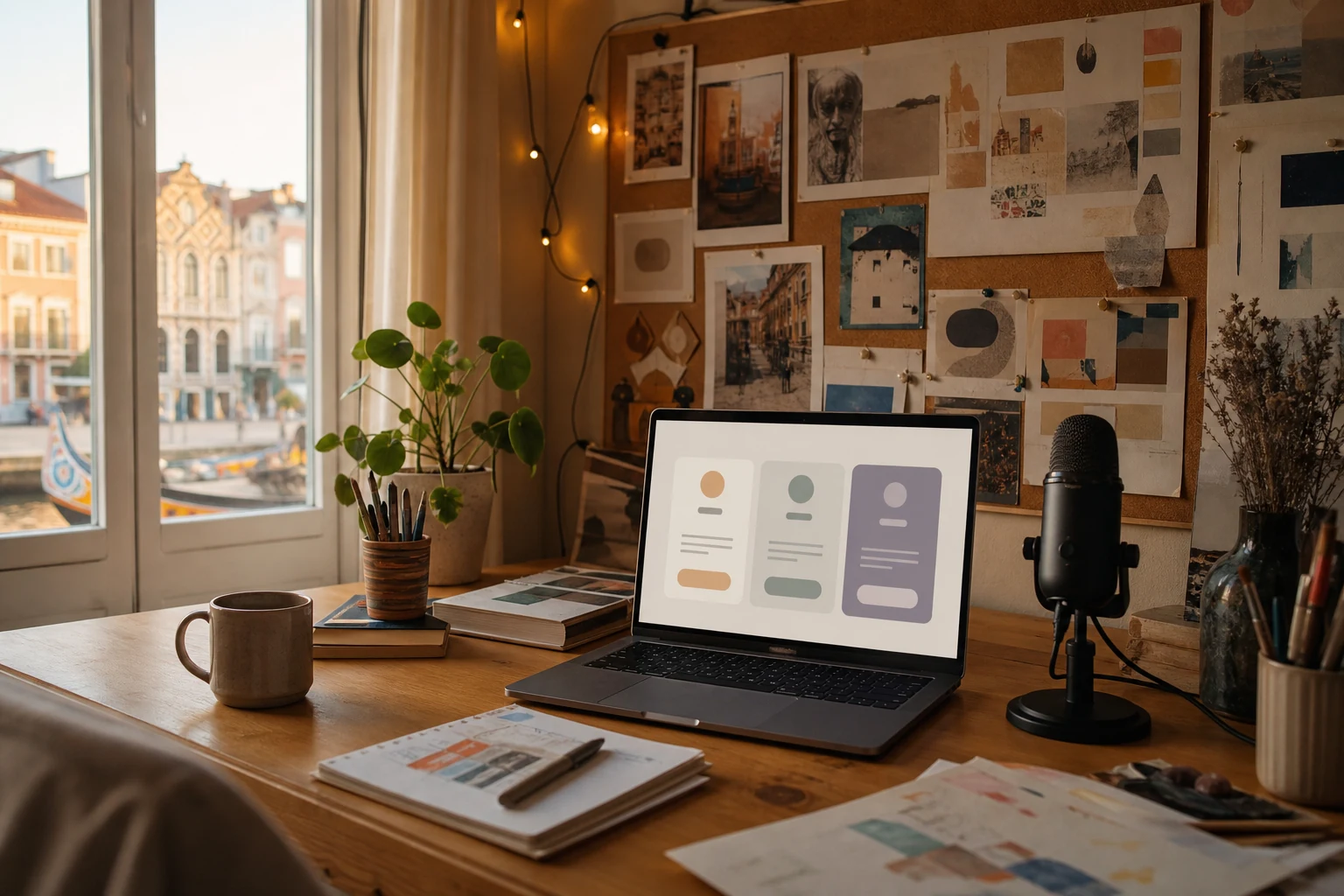 W-8BEN para criadores do Patreon — um cantinho criativo aconchegante em Aveiro com um placard de cortiça cheio de notas, um portátil a mostrar uma interface abstrata de níveis de subscrição, luzes quentes e um microfone de podcast na secretária