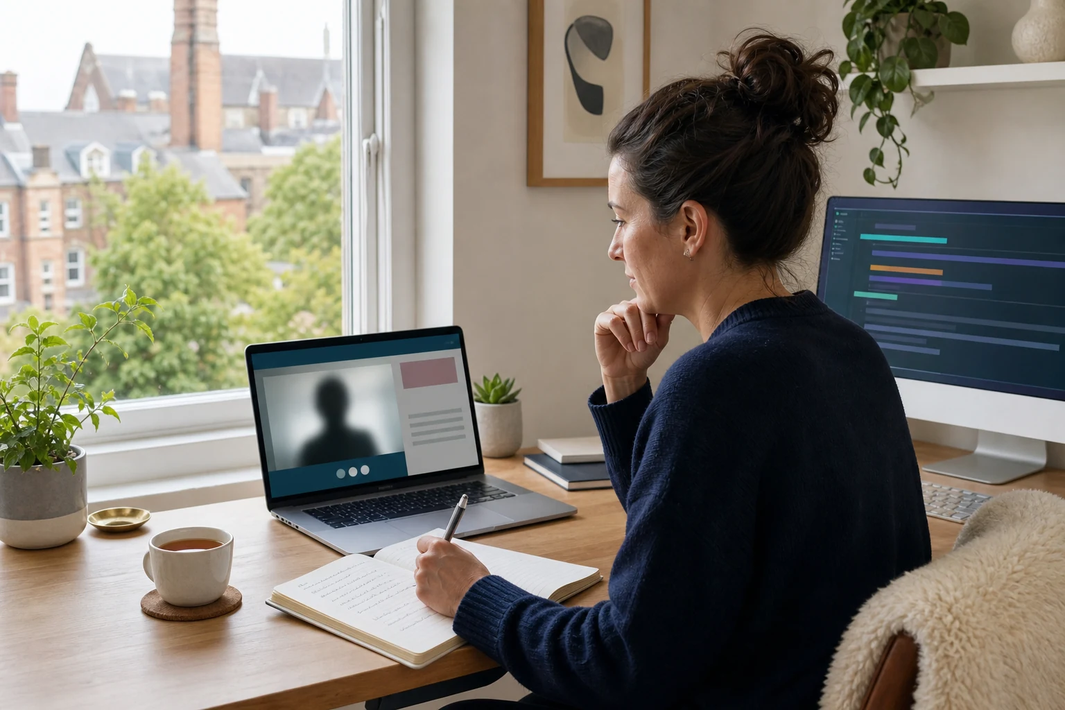 W-8BEN for PayPal users — a home office in Nottingham with a laptop showing an abstract video-call window with a client, a notebook with handwritten notes on the desk beside it
