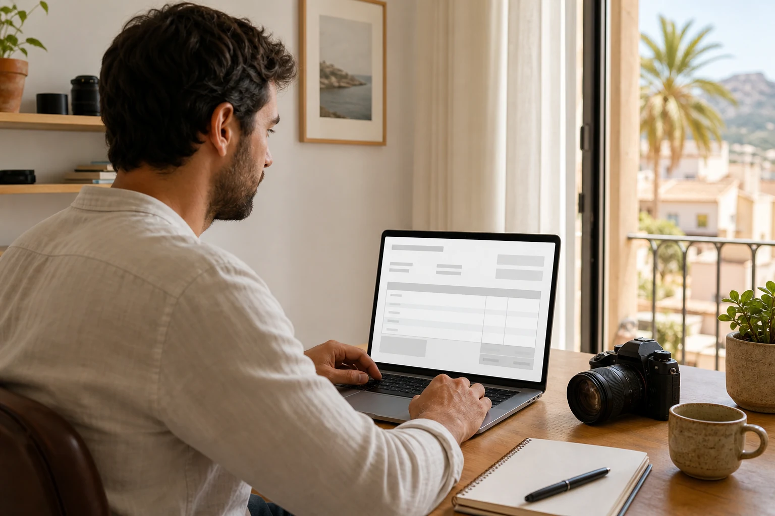 W-8BEN para usuarios de PayPal — una oficina en casa en Alicante con un portátil mostrando una ventana abstracta de videollamada con un cliente, un cuaderno con notas manuscritas sobre el escritorio al lado