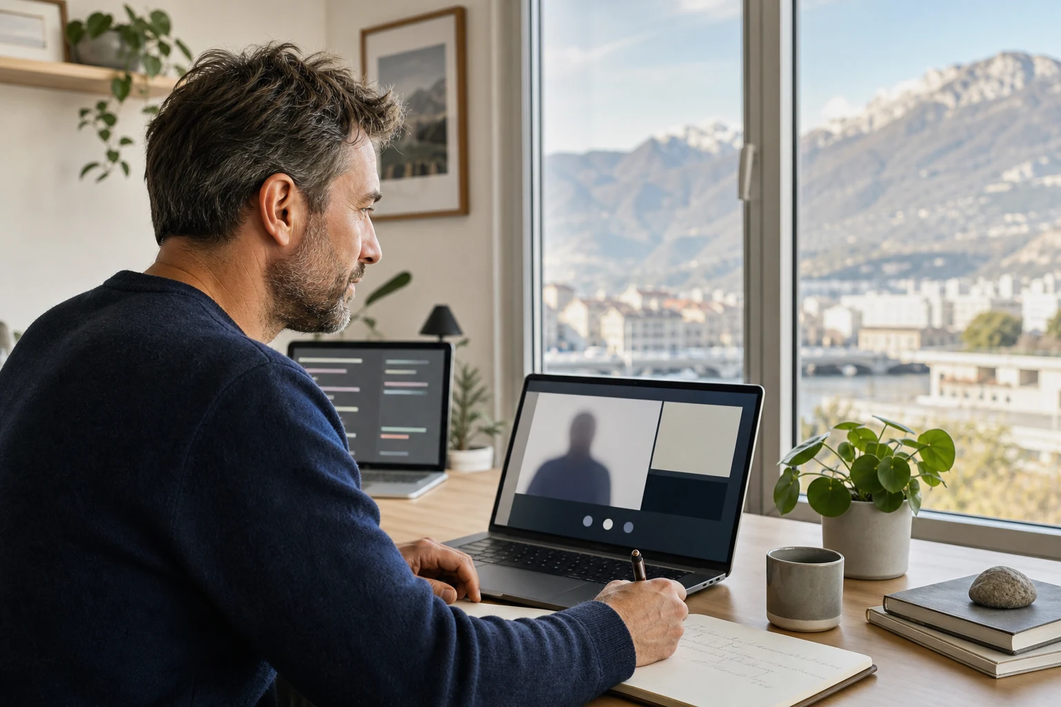 W-8BEN pour les utilisateurs de PayPal — un bureau à domicile à Grenoble avec un ordinateur portable affichant une fenêtre d'appel vidéo abstraite avec un client, un carnet de notes manuscrites posé sur le bureau à côté