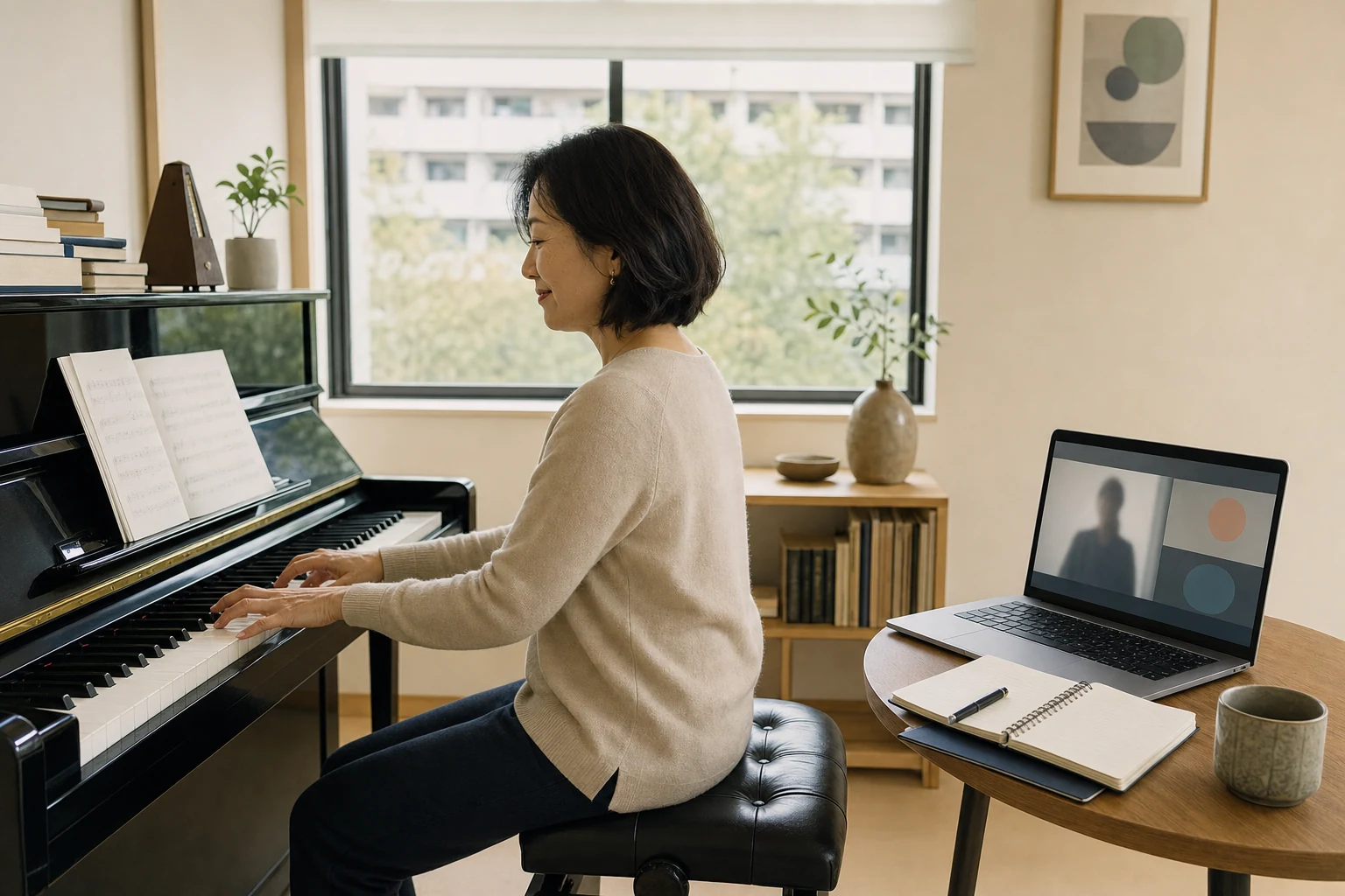 仙台の自宅オフィスでW-8BENを準備するPayPal利用者 — ノートパソコンにクライアントとの抽象的なビデオ通話ウィンドウが表示され、隣のデスクに手書きのメモが入ったノートが置かれている