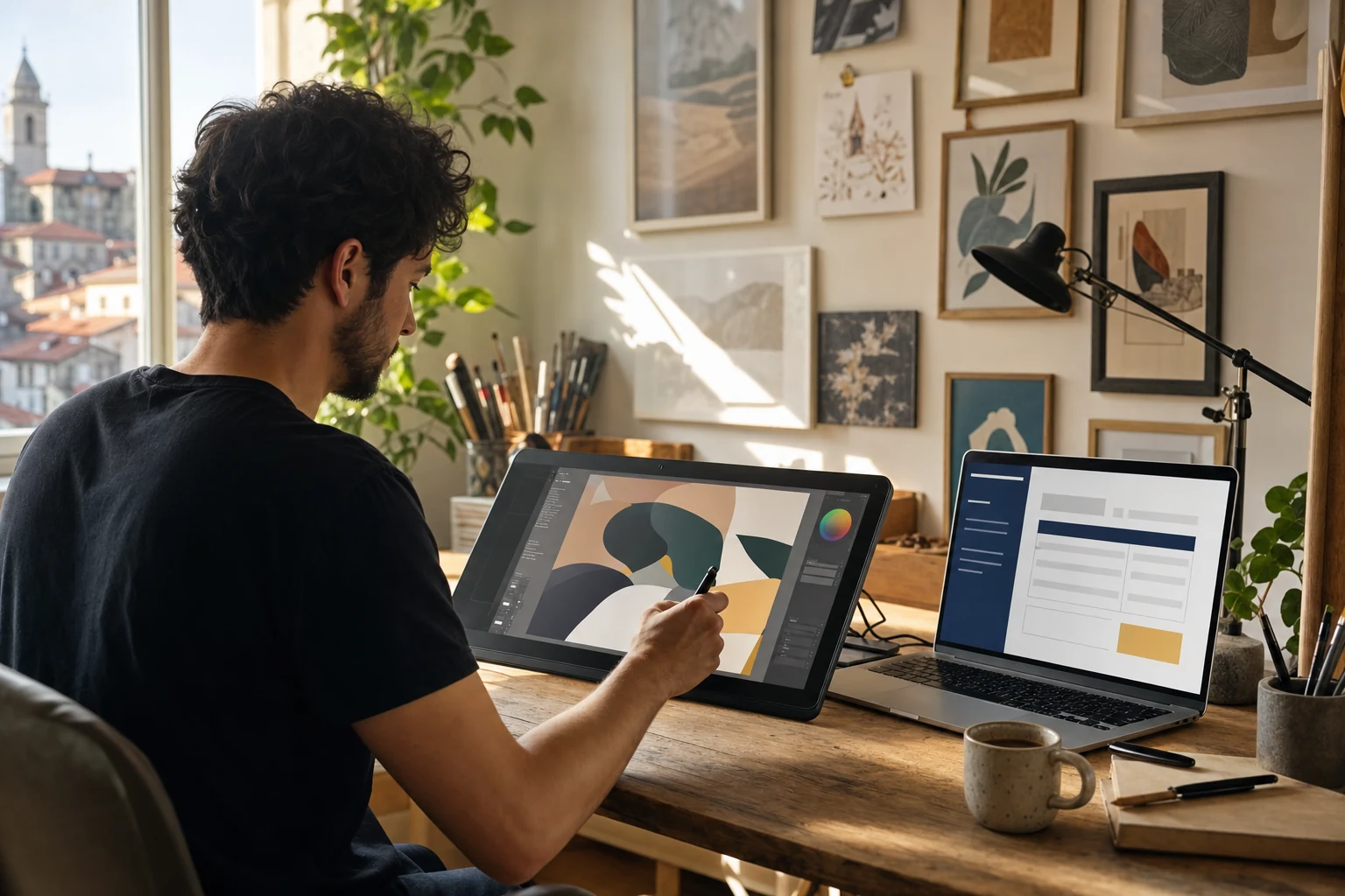 W-8BEN para utilizadores do PayPal — um escritório em casa em Viseu com um portátil mostrando uma janela abstrata de videochamada com um cliente, um caderno com notas manuscritas sobre a secretária ao lado