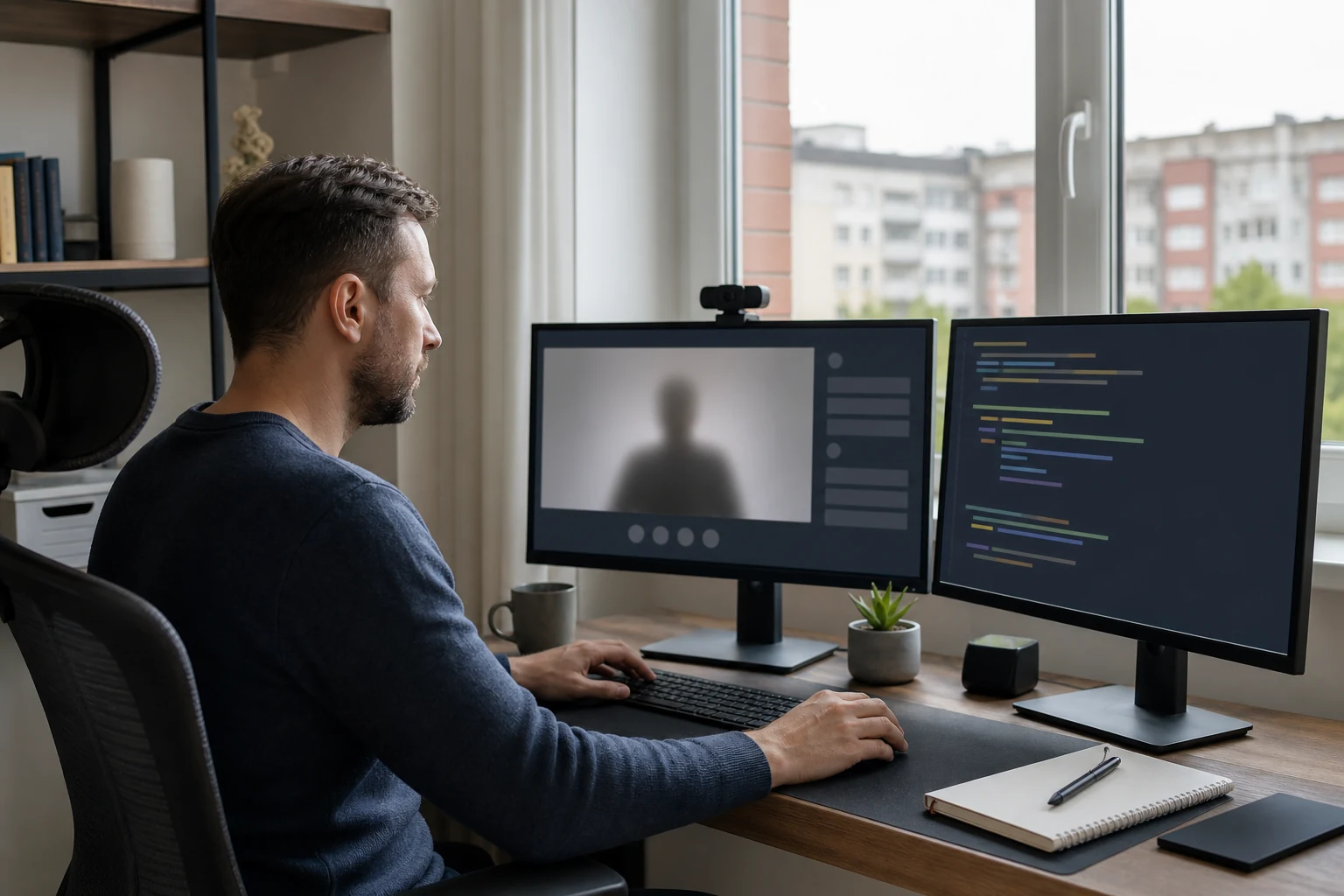 W-8BEN для користувачів PayPal — домашній офіс у Рівному з ноутбуком, на екрані абстрактне вікно відеодзвінка з клієнтом, поруч на столі блокнот із рукописними нотатками