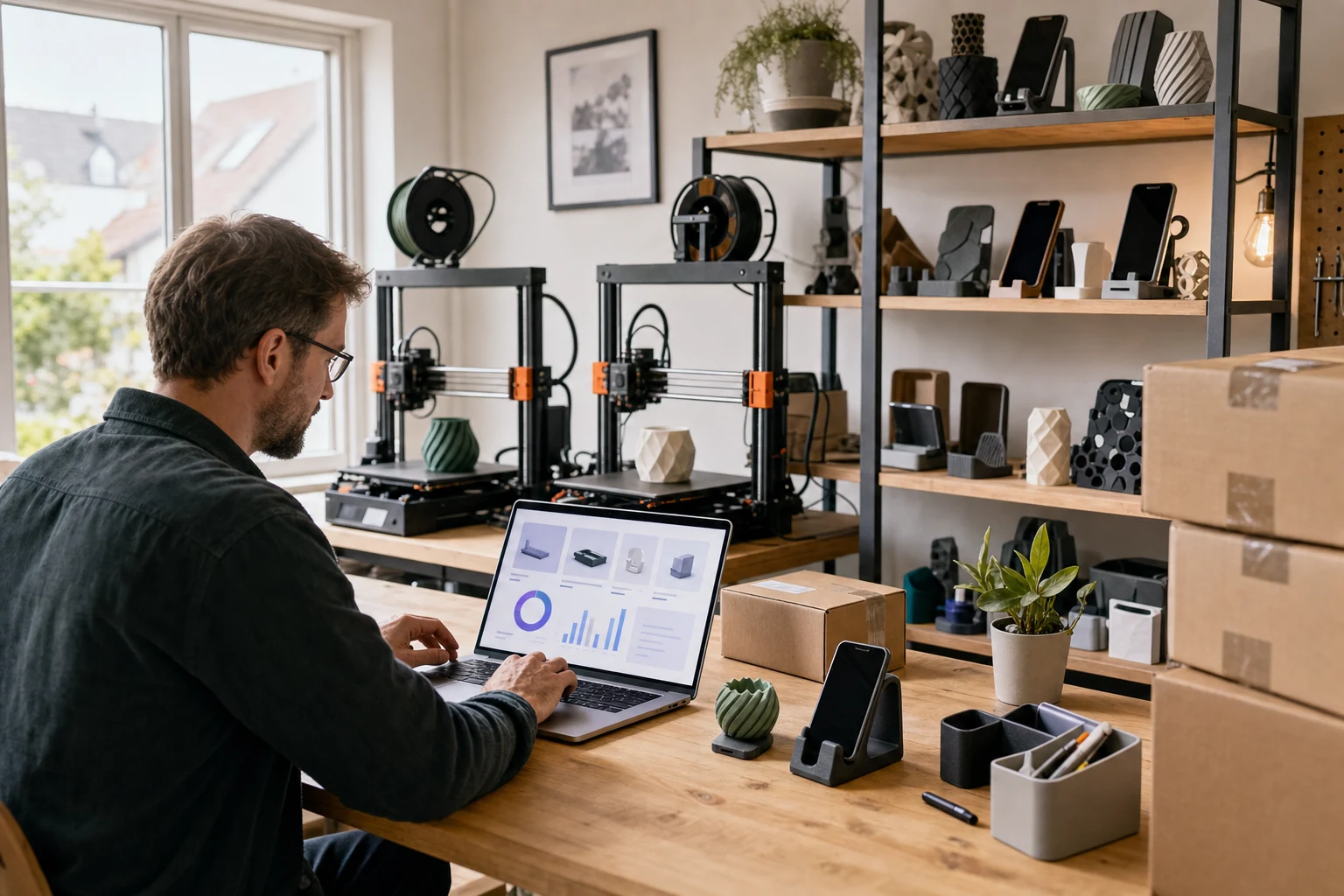 W-8BEN für Online-Verkäufer — eine kleine 3D-Druck-Werkstatt in Dresden mit mehreren laufenden 3D-Druckern, fertigen Accessoires auf einem Regal und Versandkartons für den Amazon-Versand