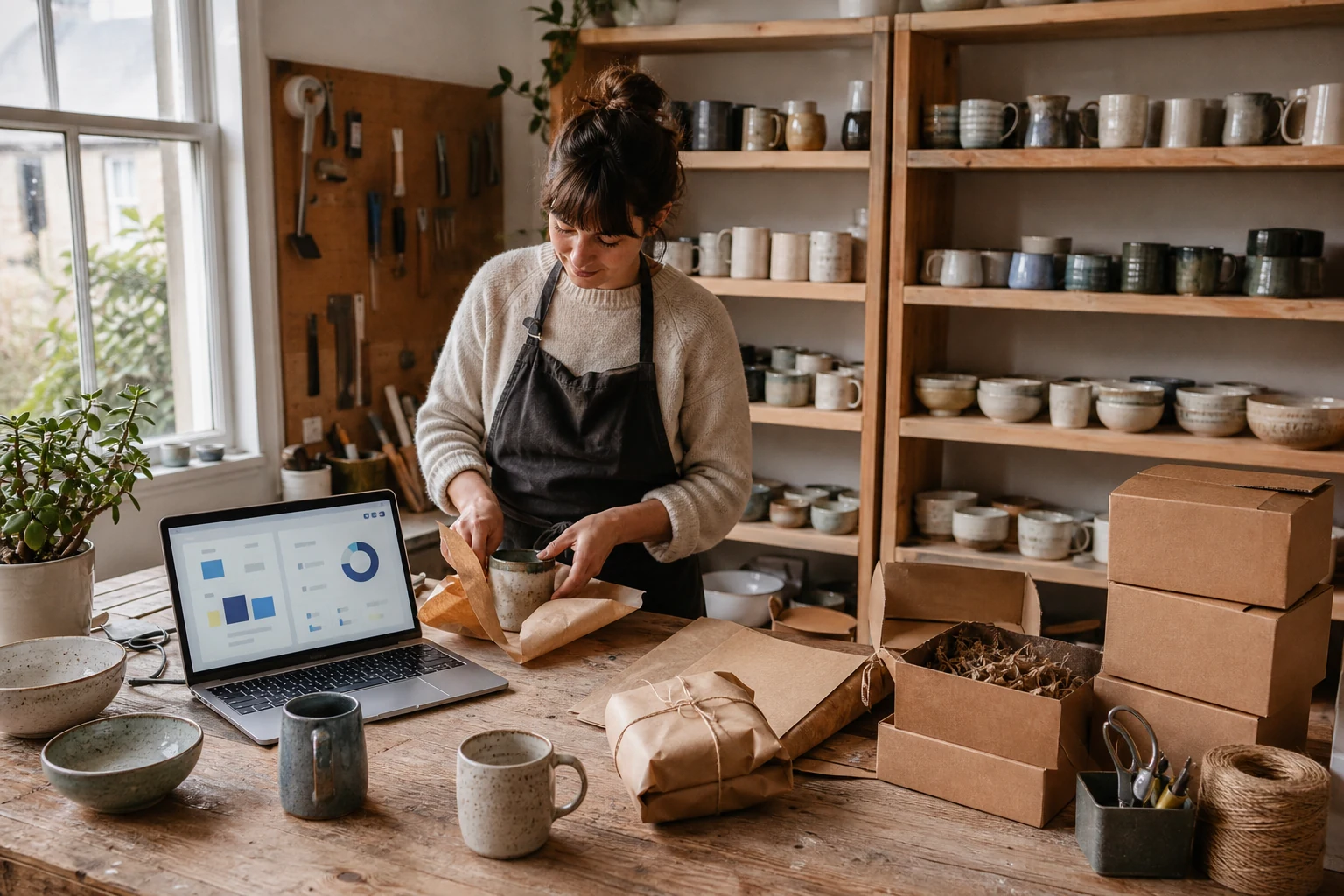 W-8BEN for online sellers — a home ceramics workshop in Bath with handmade mugs and bowls drying on shelves, a laptop showing an Etsy shop dashboard, and shipping boxes ready to send