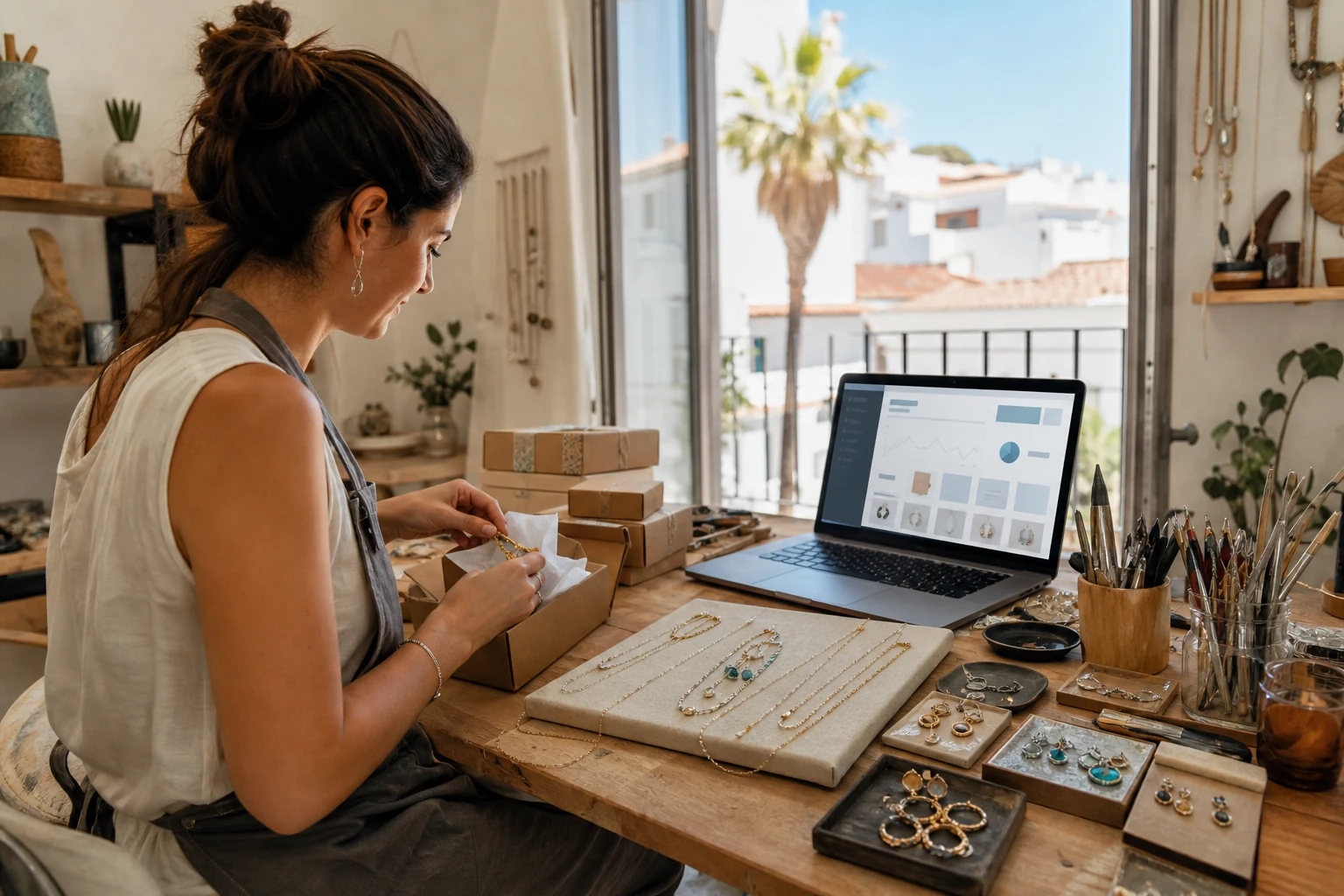 W-8BEN para vendedores online — un pequeño taller de joyería artesanal en Granada con herramientas de orfebrería y piezas terminadas sobre la mesa, un portátil mostrando una tienda de Etsy, y cajas listas para enviar