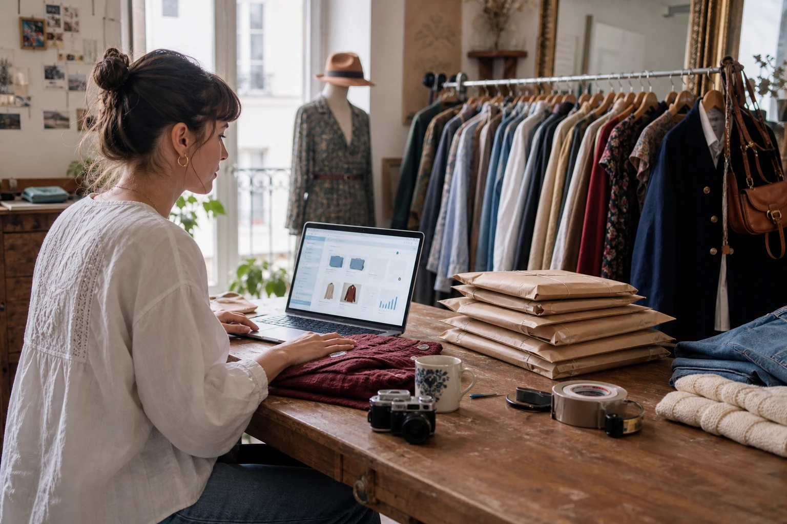 W-8BEN pour vendeurs en ligne — un petit atelier de friperie vintage à Marseille avec des vêtements triés sur des portants, un ordinateur portable affichant une boutique Etsy, et des colis prêts à expédier