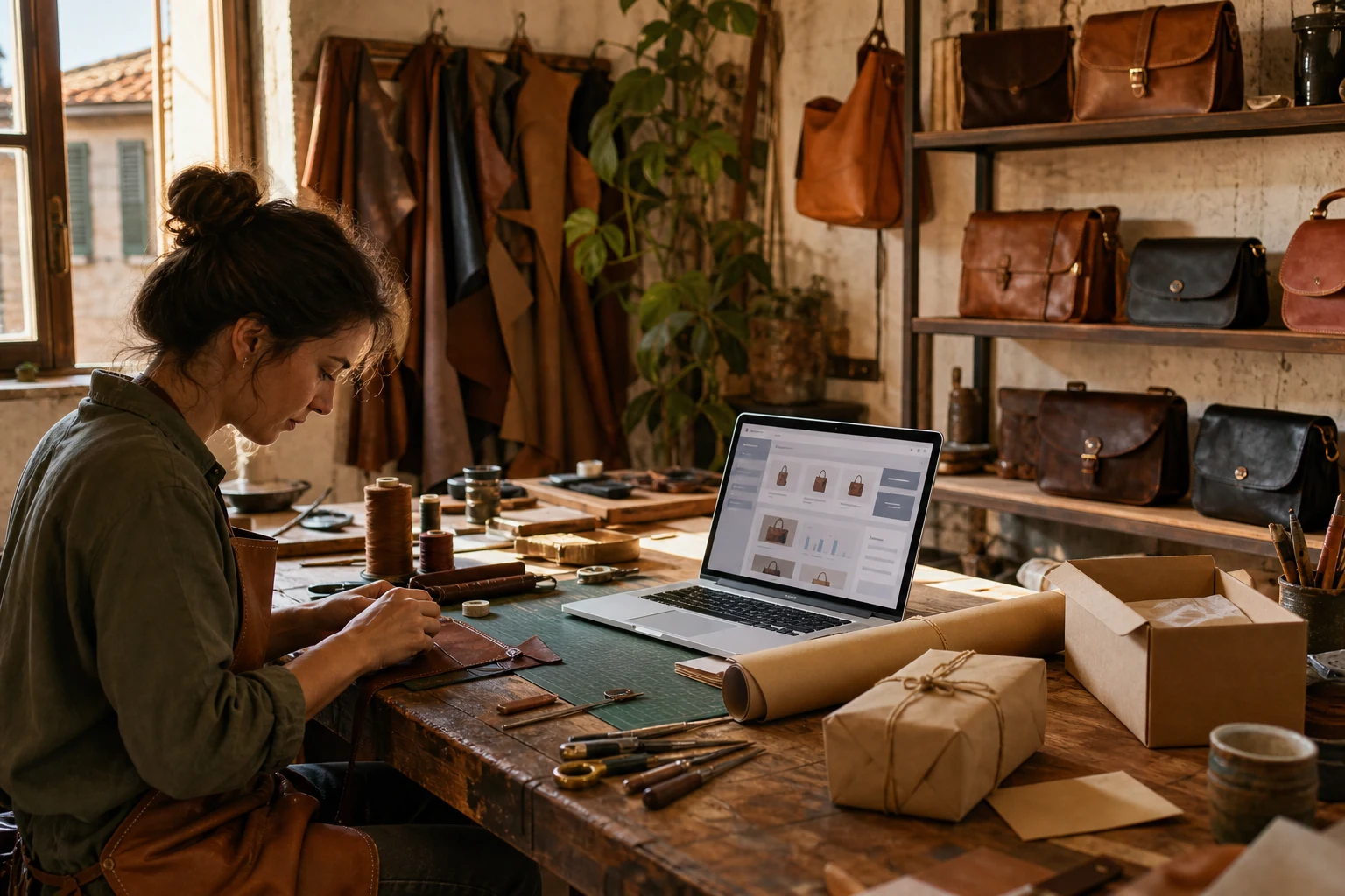W-8BEN per venditori online — un piccolo laboratorio di pelletteria a Firenze con pelle e attrezzi da cucito sul tavolo, un laptop che mostra un negozio Shopify, e scatole pronte per la spedizione