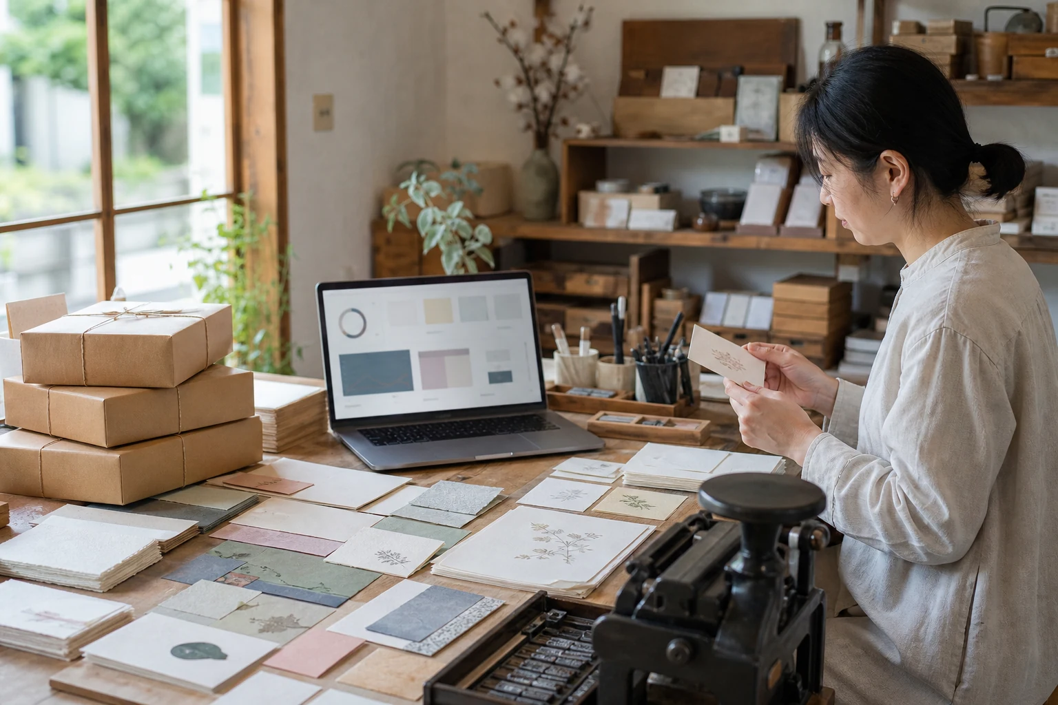 海外向けオンライン販売者のためのW-8BEN — 京都にある小さな和紙文具の工房、棚に並んだ手作りの便箋やカード、Etsyのショップ画面が映るノートパソコン、発送準備の整った小包