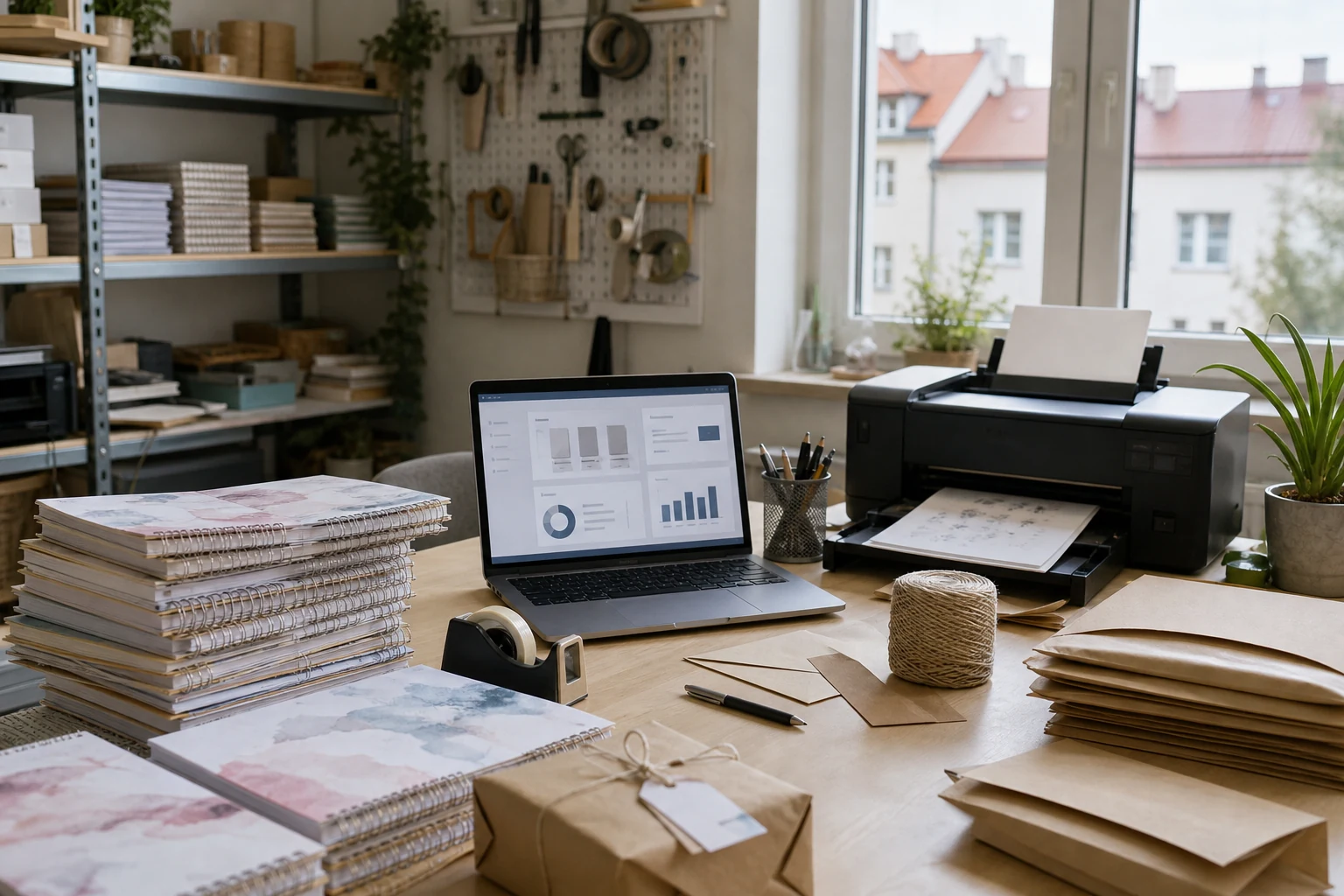 W-8BEN dla sprzedawców internetowych — mały domowy warsztat w Poznaniu z drukarką i wydrukowanymi planerami na biurku, laptop z otwartym sklepem Etsy oraz koperty gotowe do wysyłki